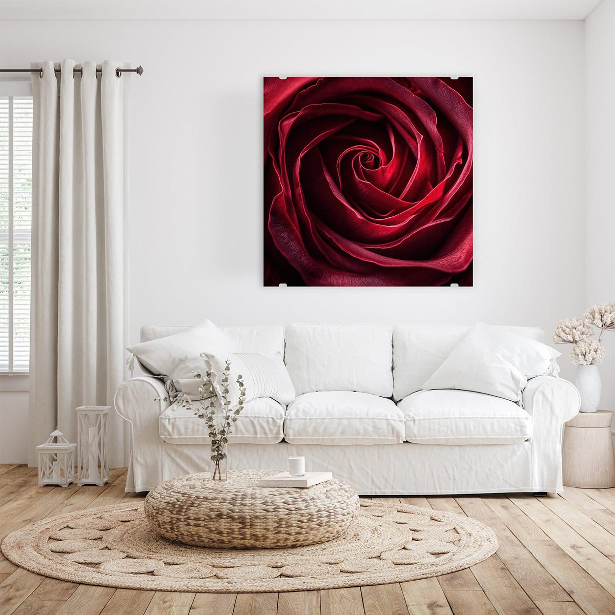 Glasbild Tiefrote Rosenblüte an der Wand – Tiefrote Rosenblüte formatfüllend, die Blätter drehen sich spiralig zur Mitte.