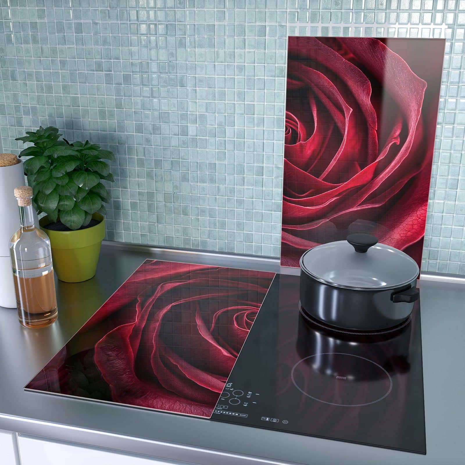 2-teilige Abdeckplatte Induktionsherd mit Rose Makroaufnahme-Motiv als Spritzschutz hinter dem Kochfeld