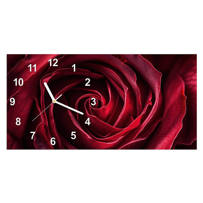 Wanduhr Rose Makroaufnahme aus Glas – Querformat 60 × 30 cm mit Ziffernblatt Modern