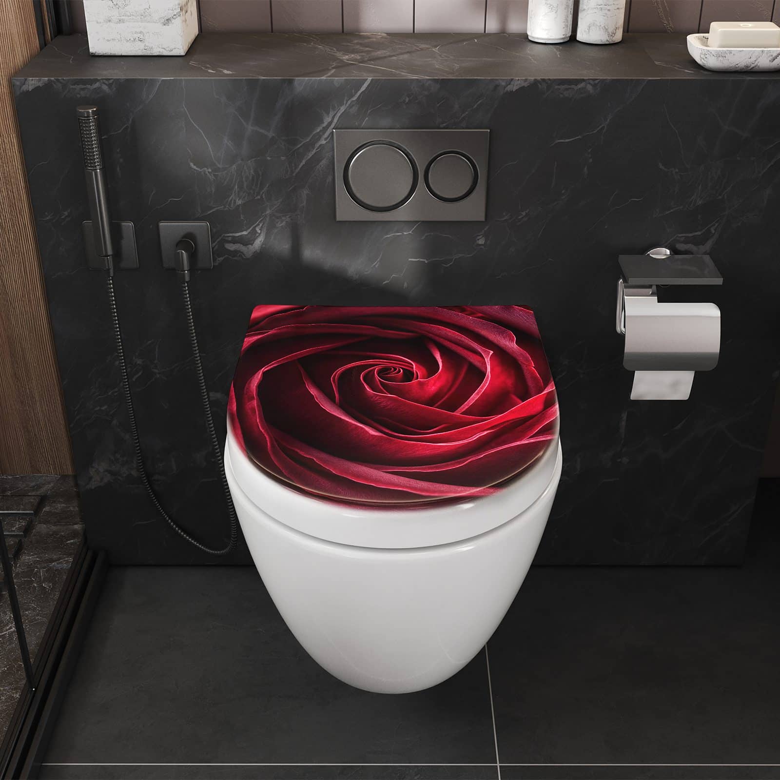 WC-Sitz mit Absenkautomatik Rose Makroaufnahme