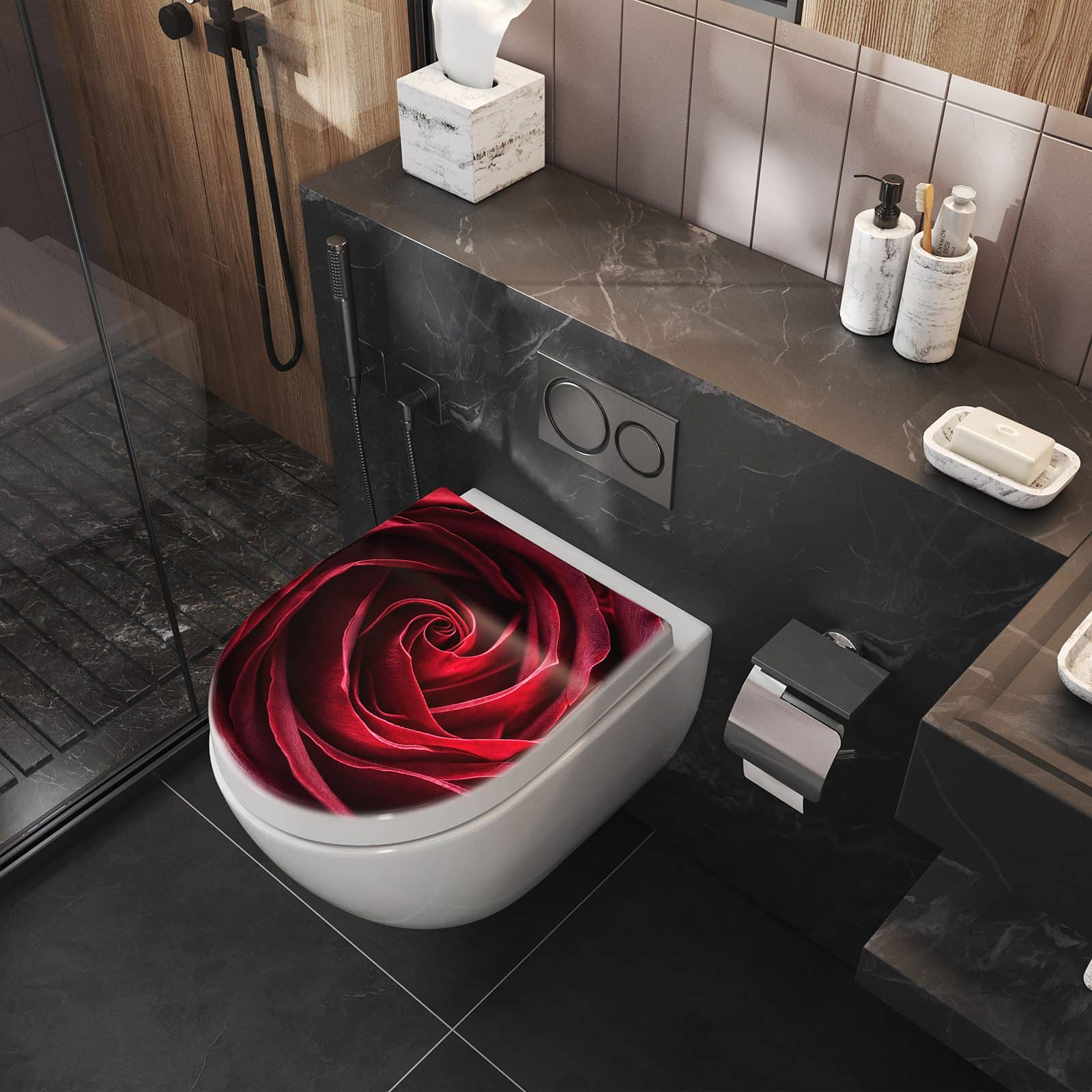 WC-Sitz mit Absenkautomatik Rose Makroaufnahme