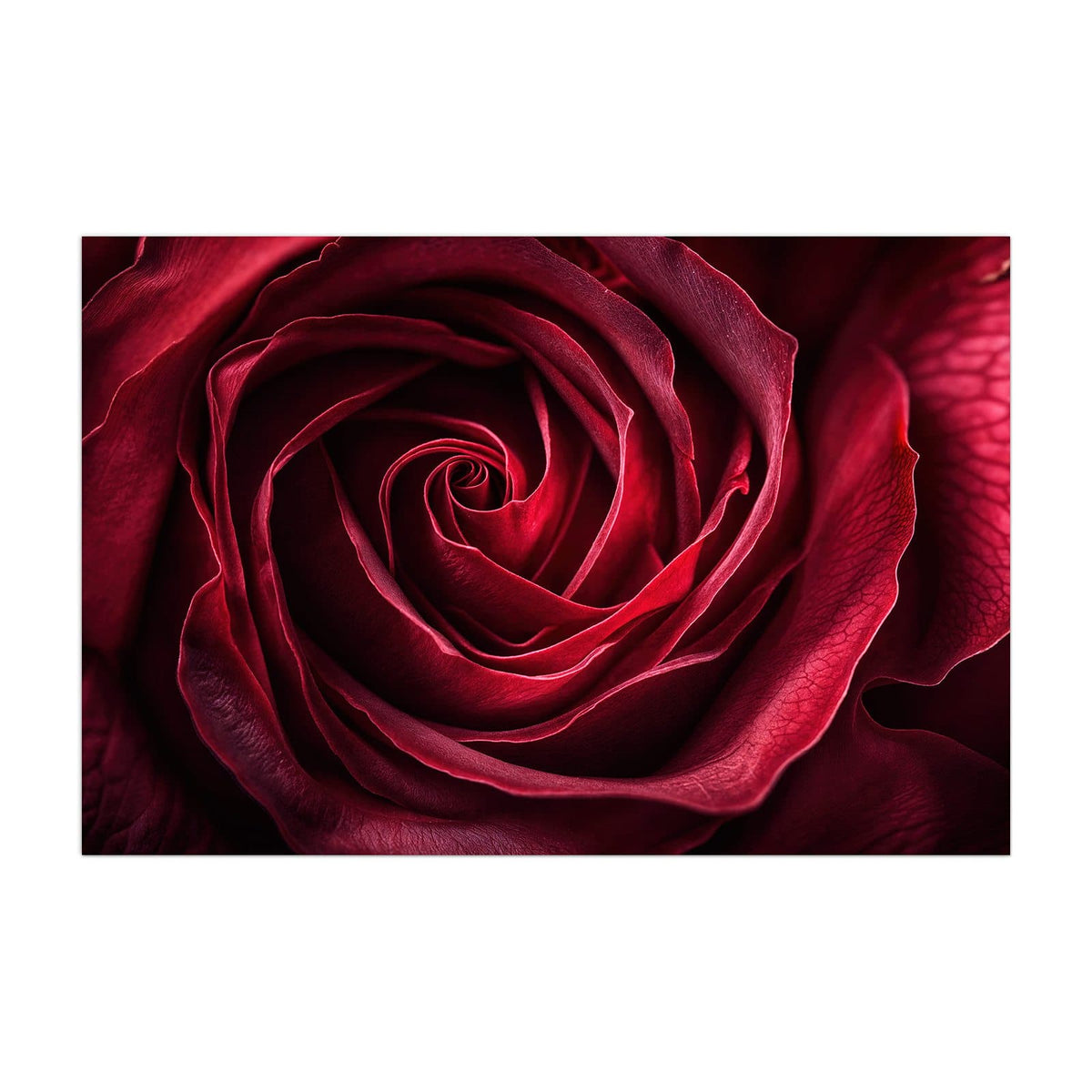 Küchenrückwand aus Glas Tiefrote Rosenblüte im Hochformat, Motiv bildfüllend von vorn