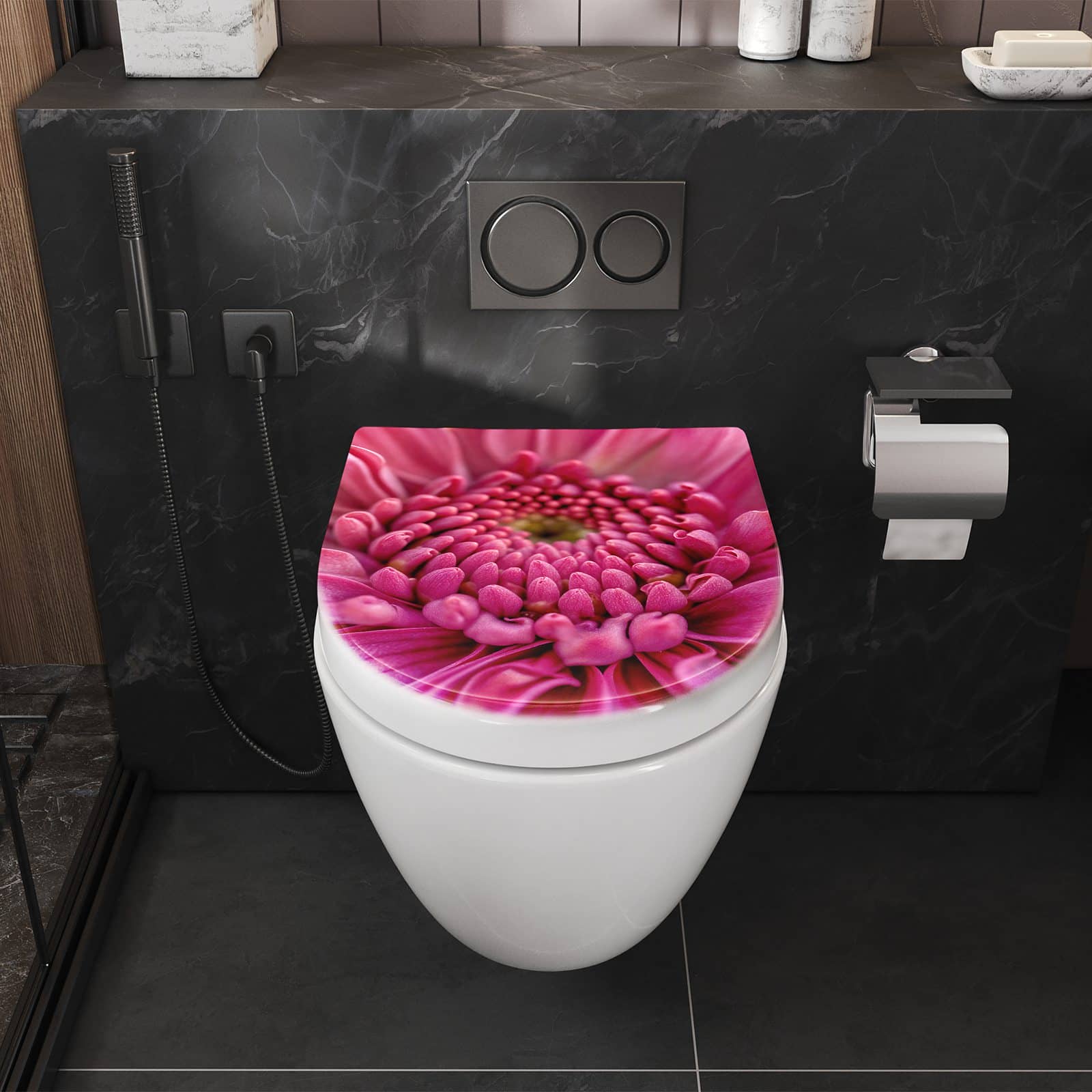 WC-Sitz mit Absenkautomatik Nahaufnahme Blume