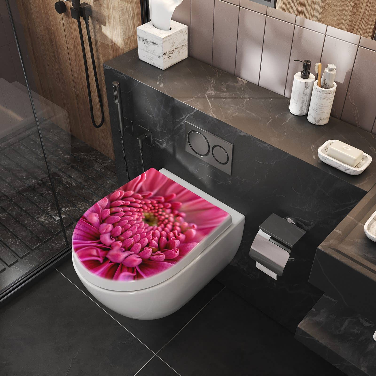 WC-Sitz mit Absenkautomatik Nahaufnahme Blume