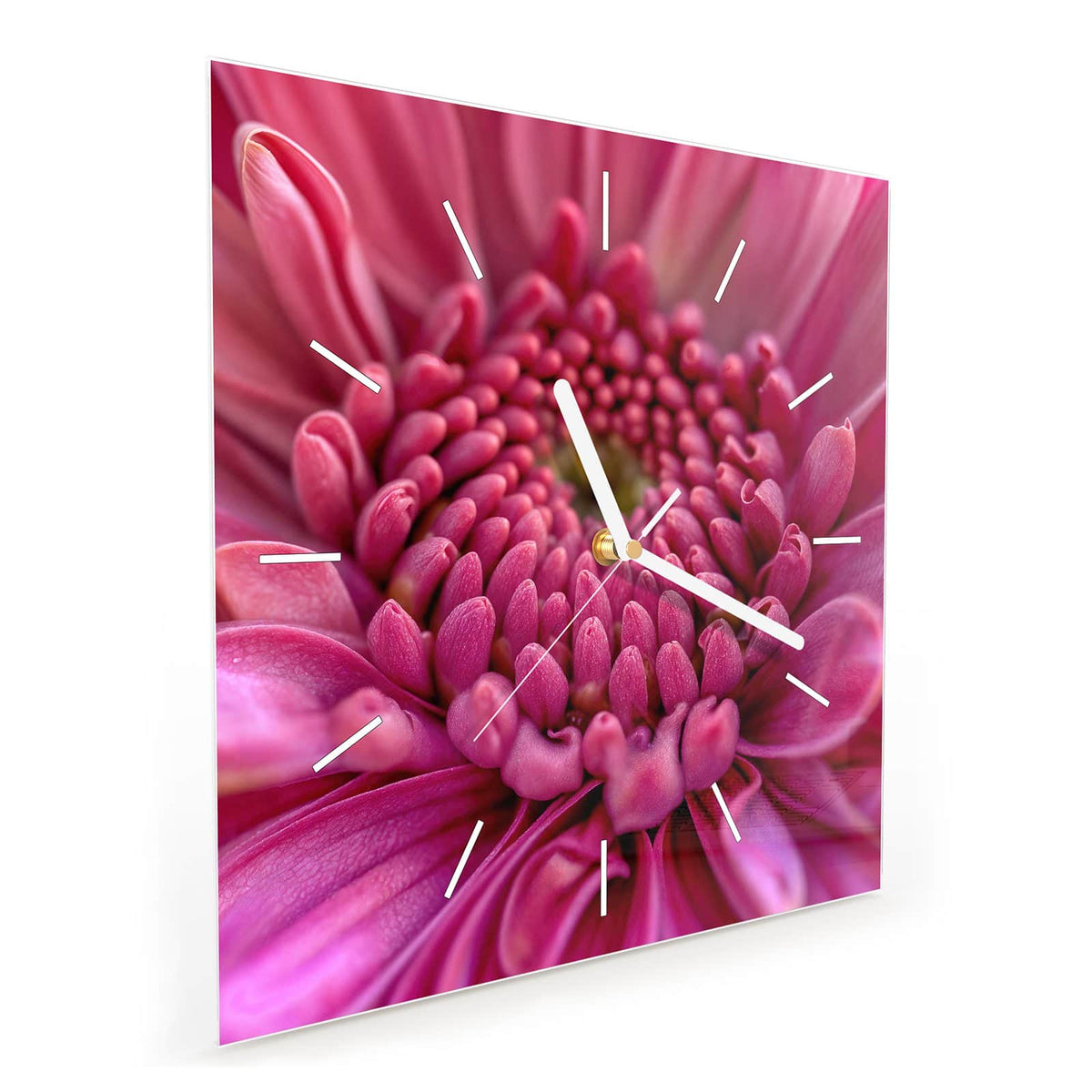 Quadratische Wanduhr aus Glas Pinke Blütenspirale schräg von der Seite, 4 mm starkes Glas