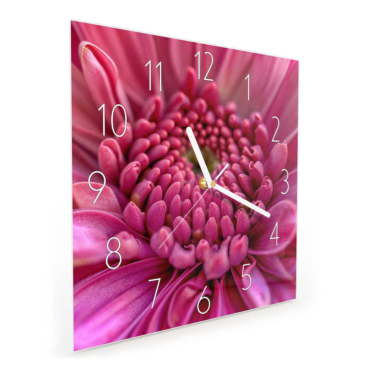 Quadratische Wanduhr aus Glas Pinke Blütenspirale schräg von der Seite, 4 mm starkes Glas