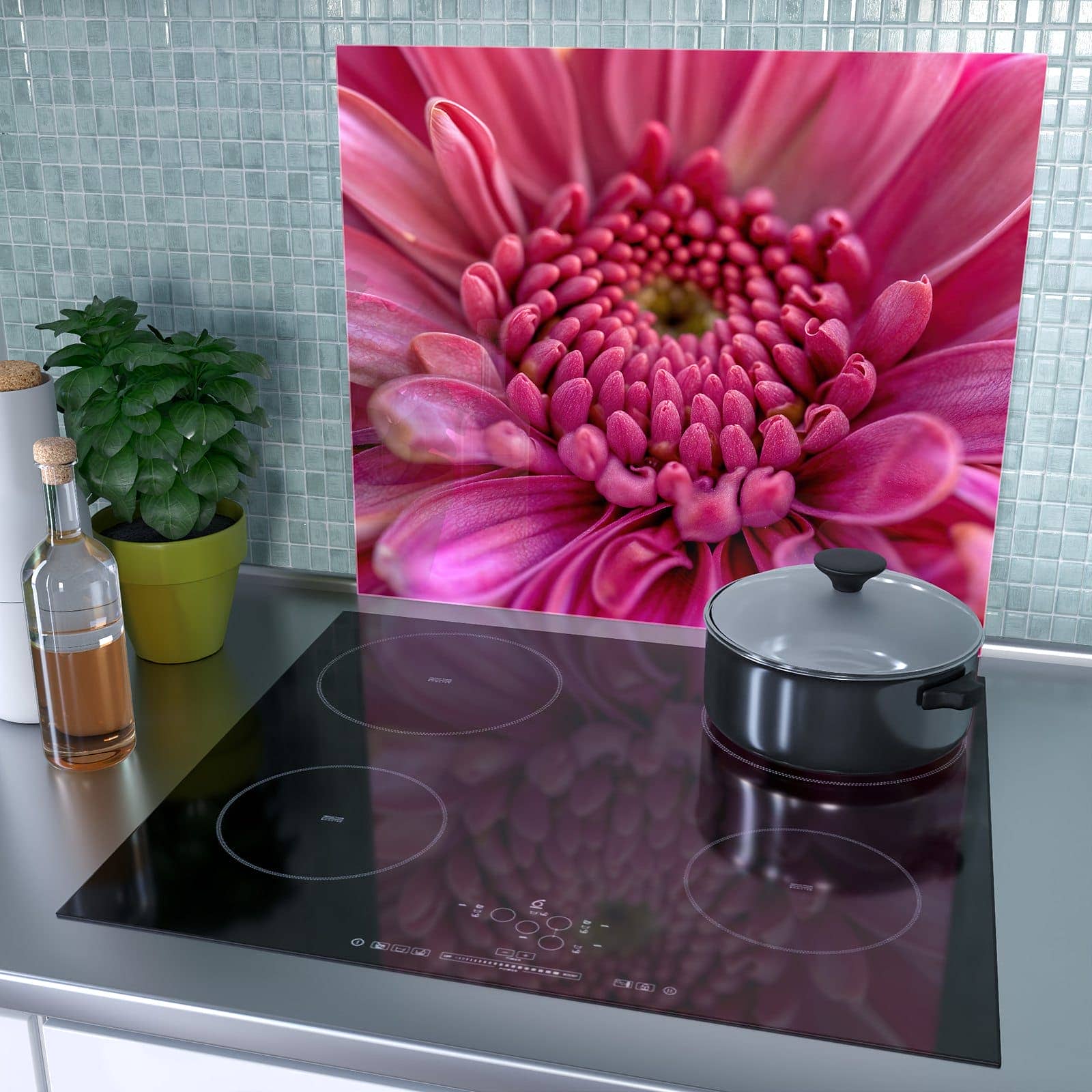 1-teilige Herdabdeckung aus Holz mit Nahaufnahme Blume-Motiv als Spritzschutz hinter dem Kochfeld