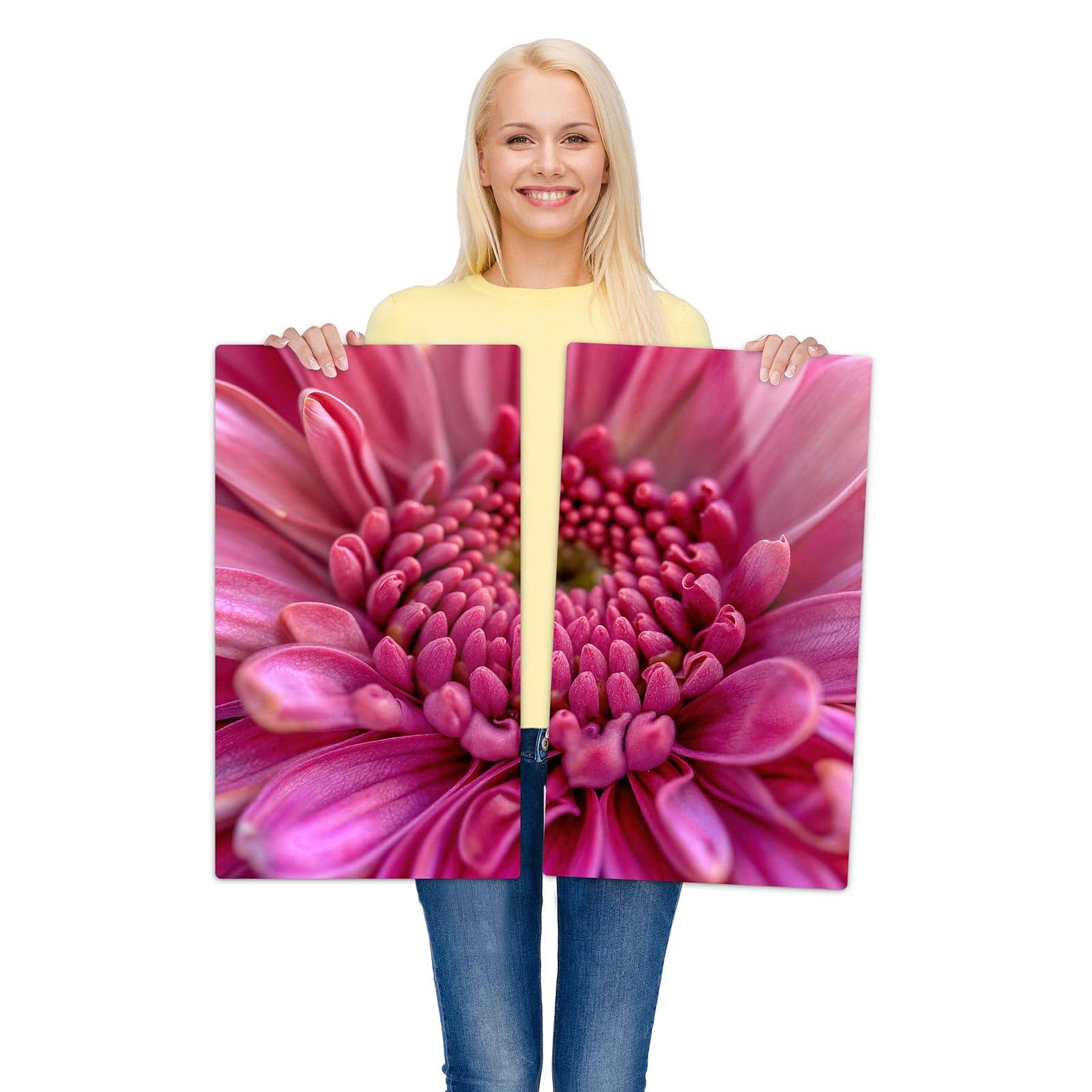 2-teilige Herdabdeckplatte Induktion mit Nahaufnahme Blume-Motiv wird zur Größendarstellung gehalten