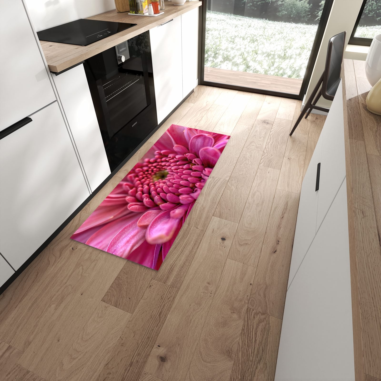 Zeitsparender rutschfester Küchenläufer mit Motiv Nahaufnahme Blume in moderner Küche #grösse_60 x 150 cm