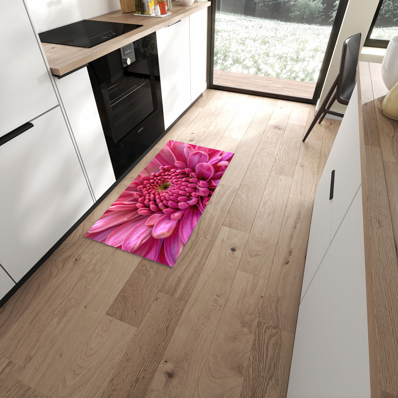 Waschbarer Küchenläufer mit Motiv Nahaufnahme Blume in moderner Küche für sicheres Aufbewahren #grösse_60 x 120 cm