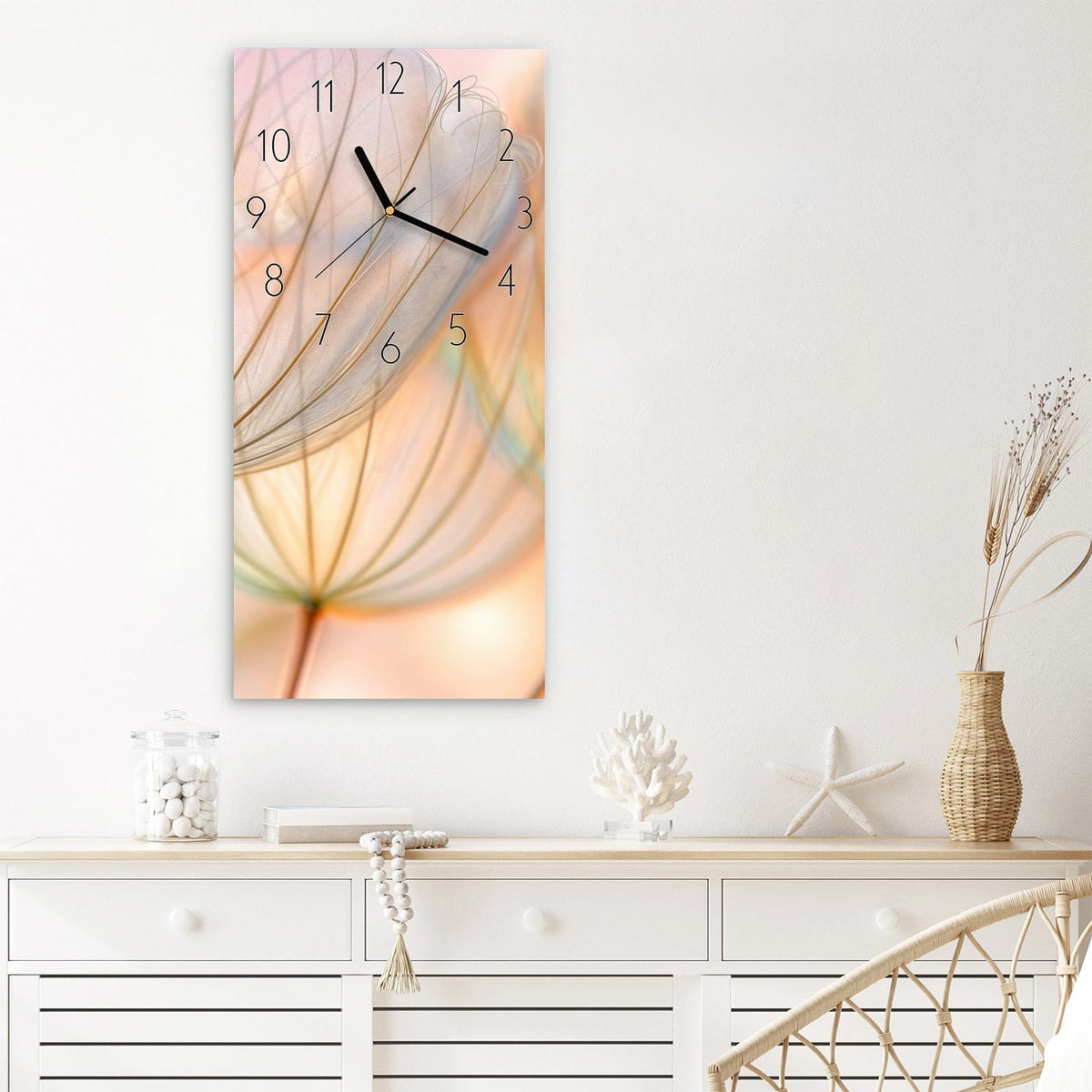 Wanduhr Pusteblumen Kunst aus Glas – Filigrane Pusteblumen in Pastell
