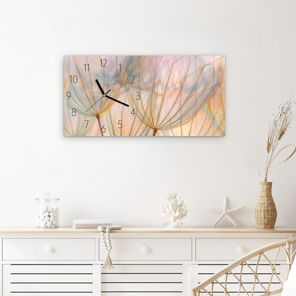 Wanduhr Pusteblumen Kunst aus Glas – Querformat 60 × 30 cm – Filigrane Pusteblumen in Pastell