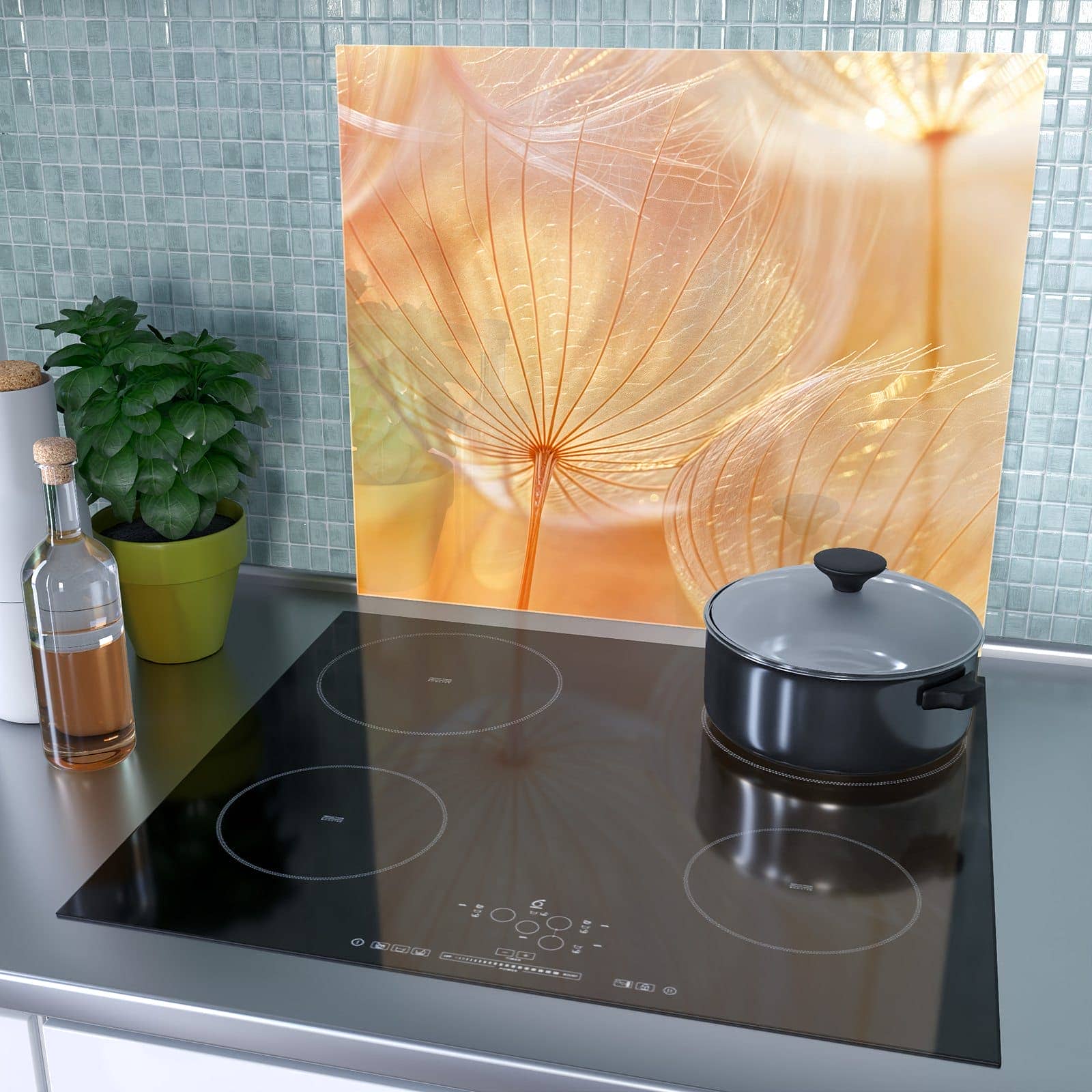 1-teilige Ceranfeldabdeckung mit Dandelion Makroaufnahme-Motiv als Spritzschutz hinter dem Kochfeld
