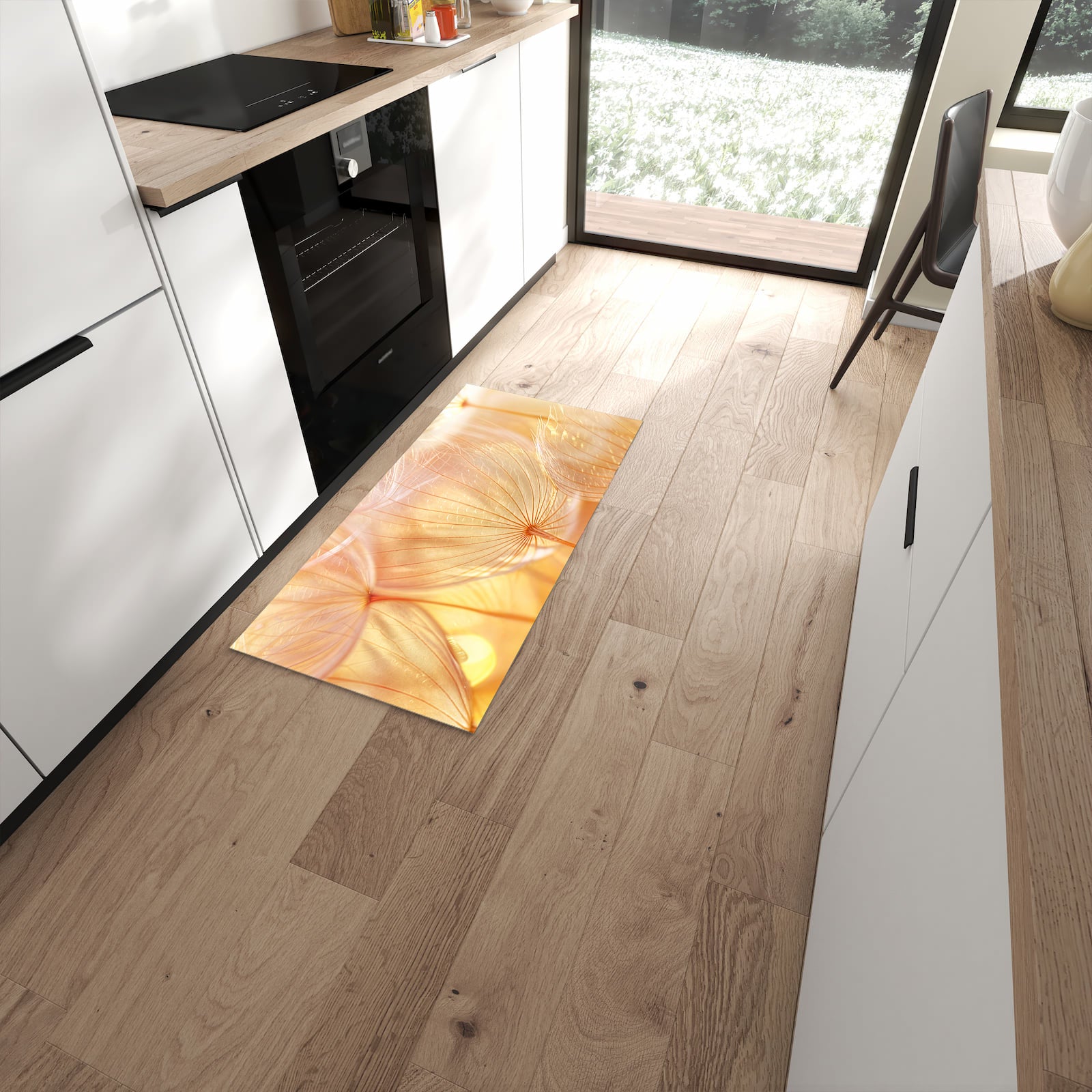 Geräuschdämpfender Läufer mit Motiv Dandelion Makroaufnahme für Eingangsbereich in moderner Küche #grösse_60 x 120 cm