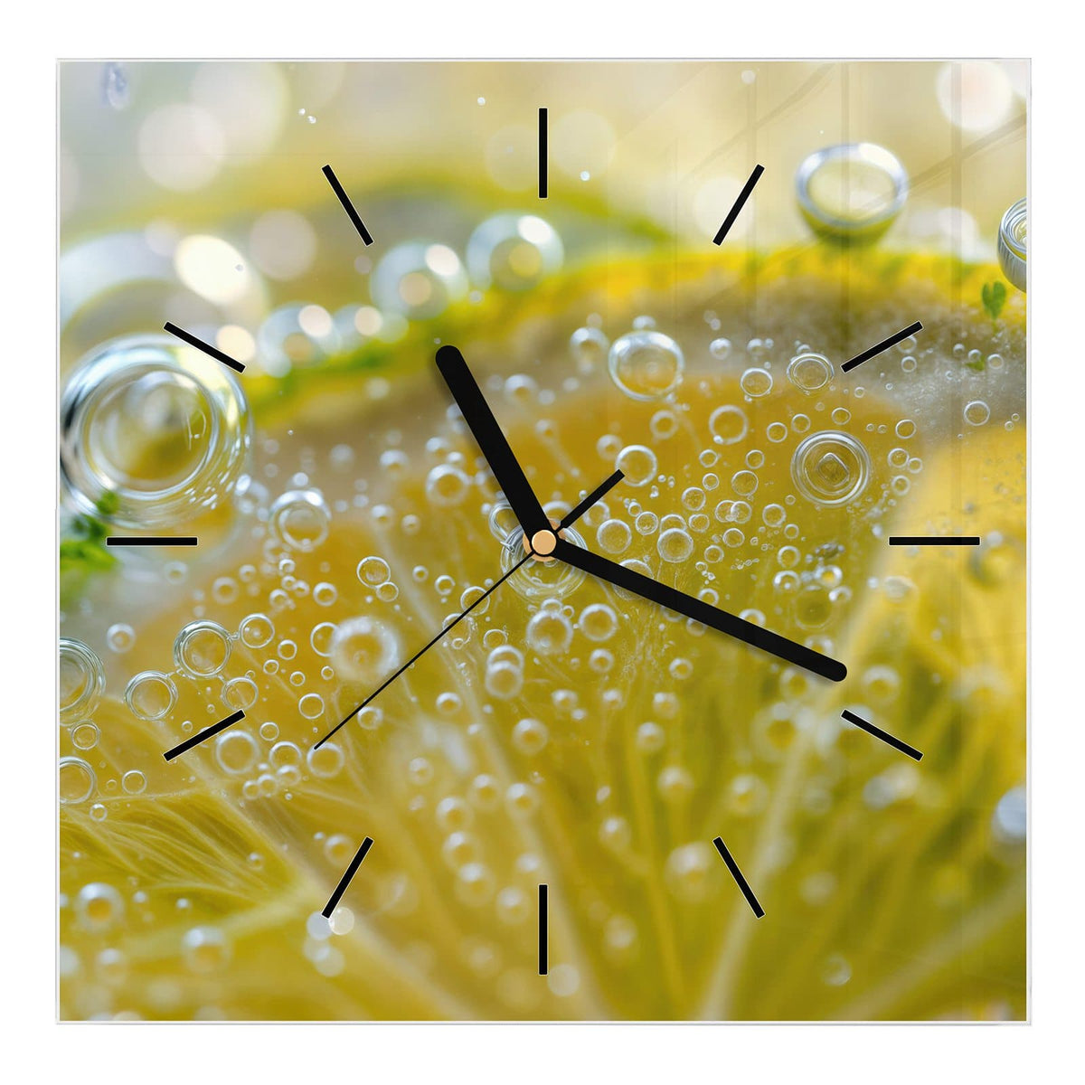 Wanduhr aus Glas, Ziffernblatt Linie: Zitronenscheibe im Makro, überzogen von Sprudelbläschen