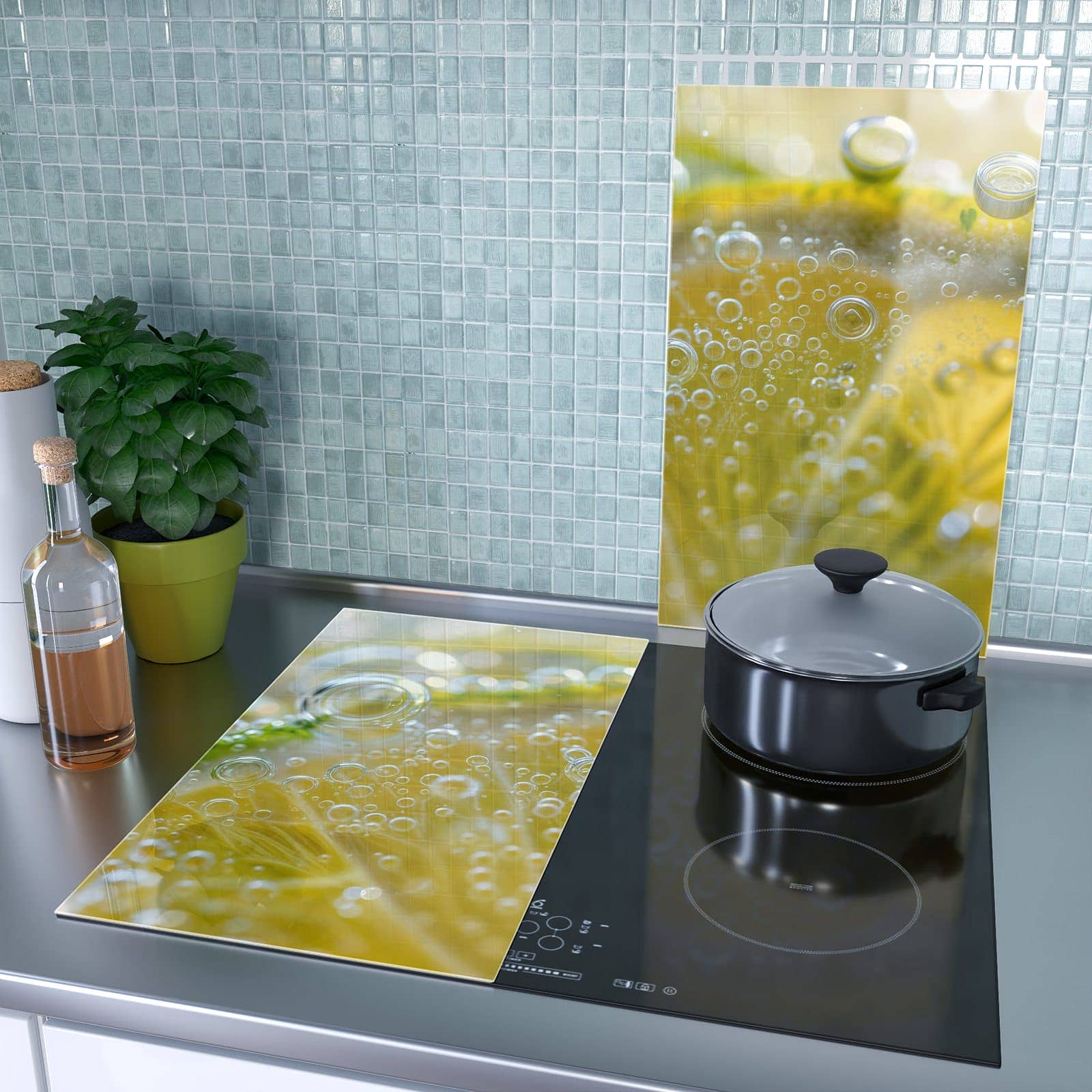 2-teilige Herdabdeckplatten mit Sanfte Zitronenscheibe-Motiv als Spritzschutz hinter dem Kochfeld