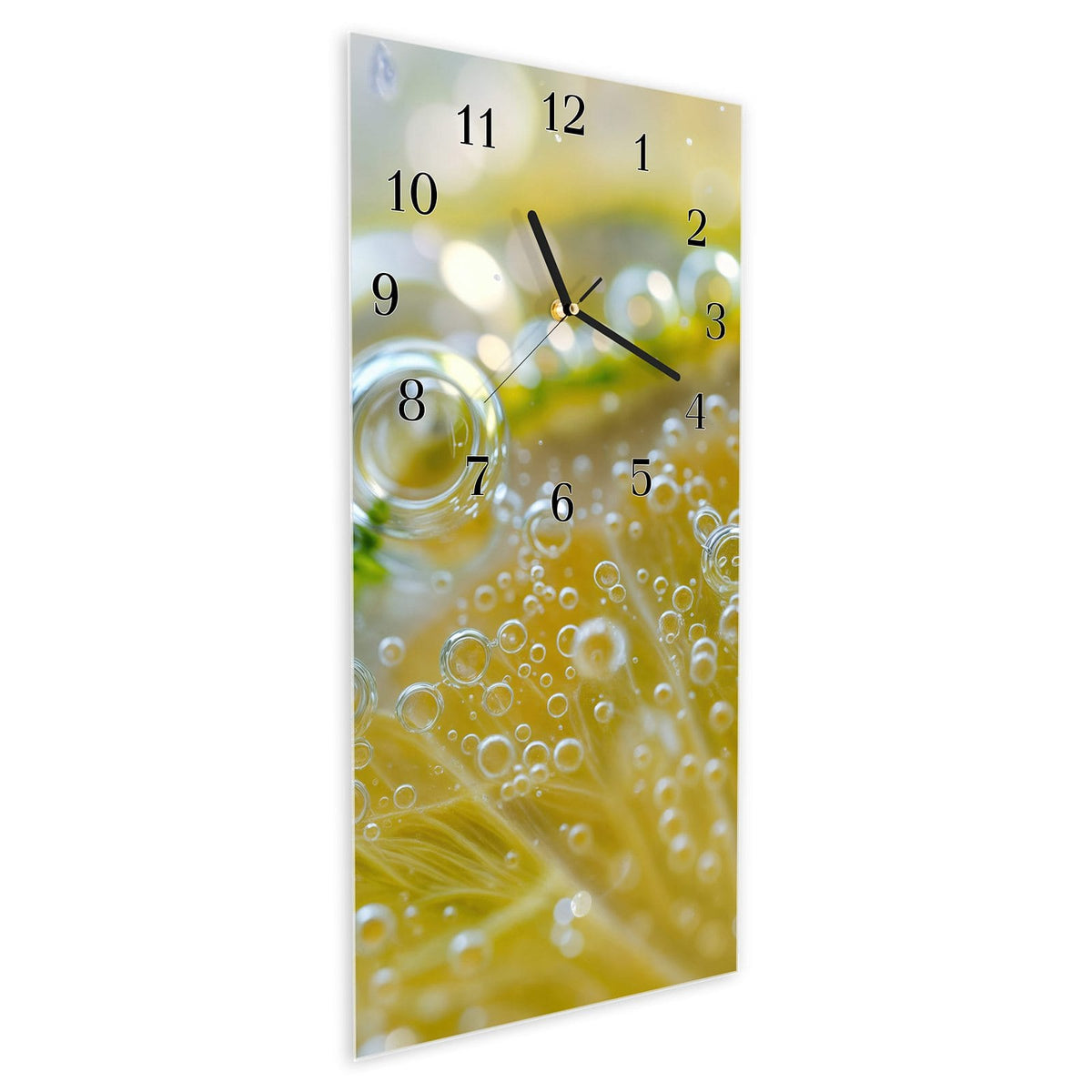 Wanduhr aus Glas im Hochformat Zitrone im Sprudel schräg von der Seite, 4 mm starkes Glas