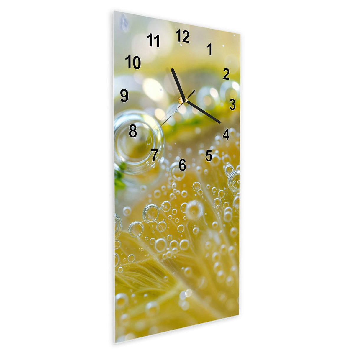 Wanduhr aus Glas im Hochformat Zitrone im Sprudel schräg von der Seite, 4 mm starkes Glas