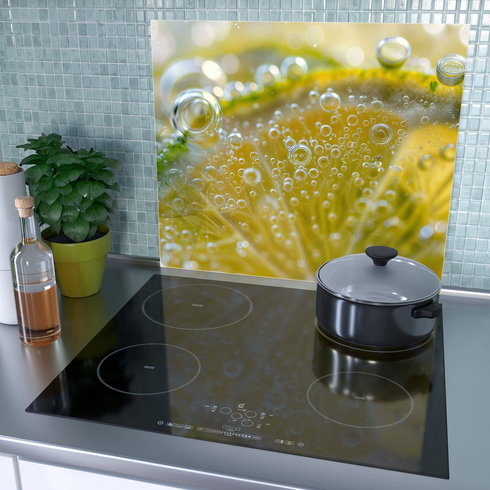 1-teilige Herdabdeckplatte aus Glas mit Sanfte Zitronenscheibe-Motiv als Spritzschutz hinter dem Kochfeld