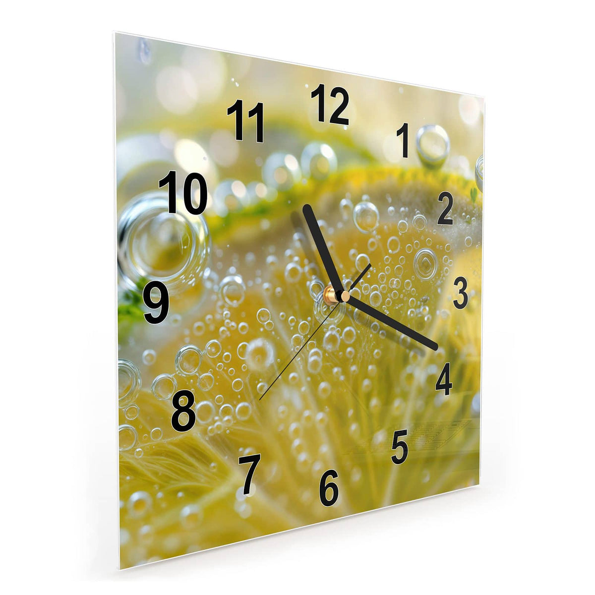 Quadratische Wanduhr aus Glas Zitrone im Sprudel schräg von der Seite, 4 mm starkes Glas