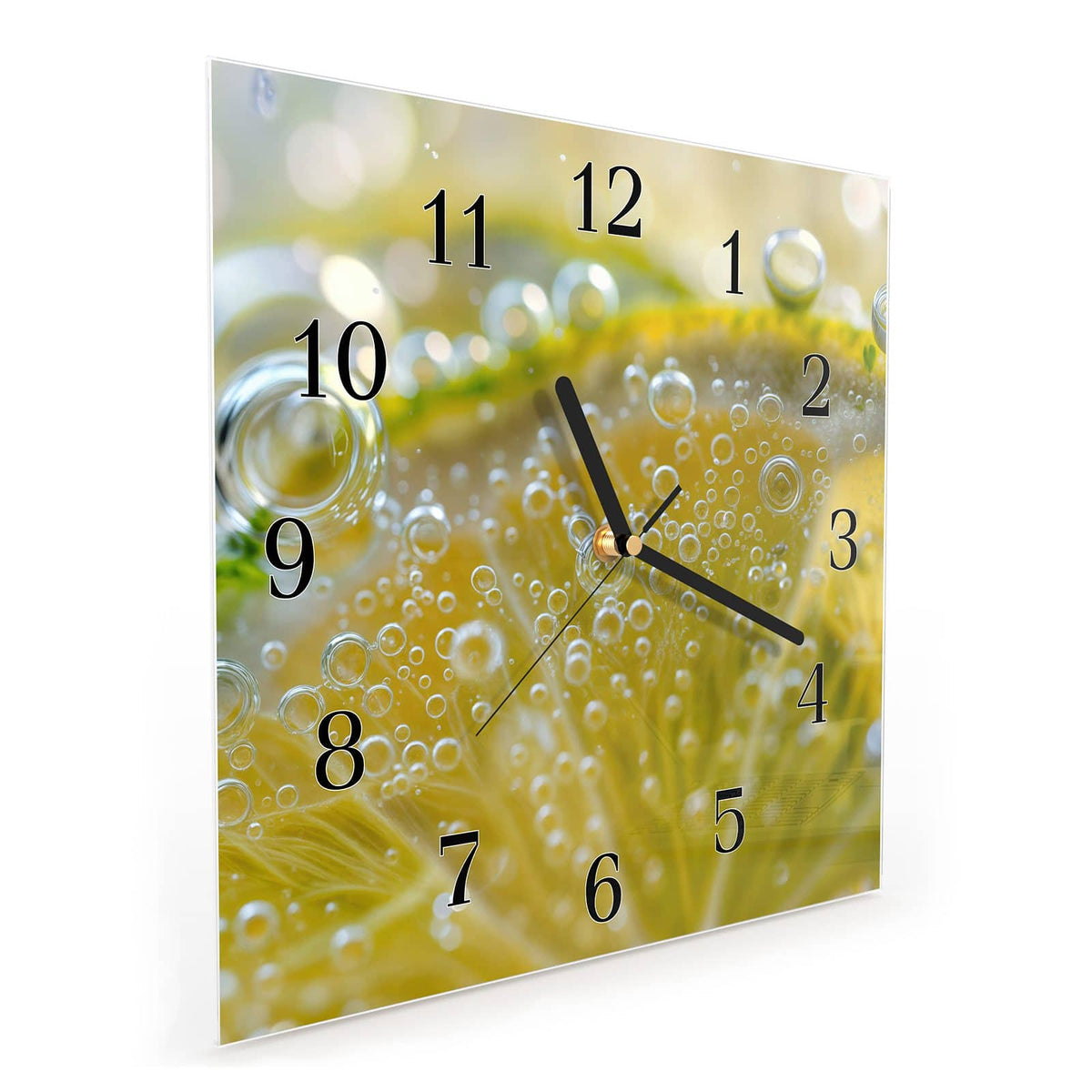 Quadratische Wanduhr aus Glas Zitrone im Sprudel schräg von der Seite, 4 mm starkes Glas