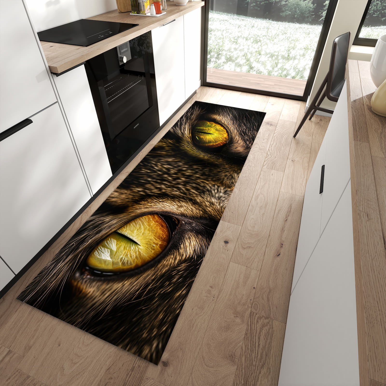 Bodenschonender waschbarer Läufer für die Küche mit Motiv Katzenaugencloseup in moderner Küche