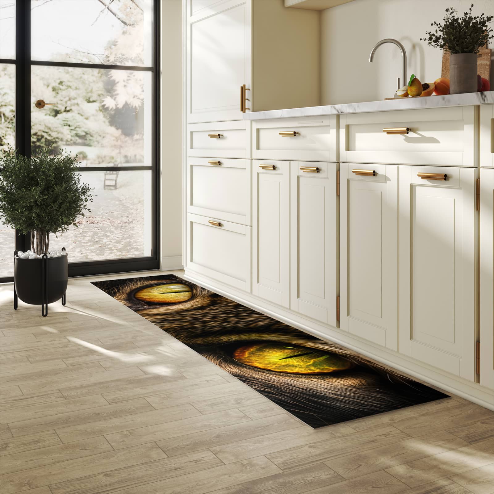 Küchenvorleger mit Motiv Katzenaugencloseup in heller Küche für sichere Aufbewahrung