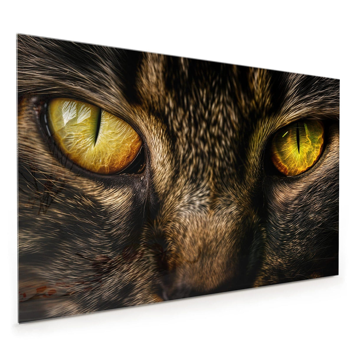 Küchenrückwand aus Glas im Hochformat: Extreme Nahaufnahme eines einzelnen gelbgrünen Katzenauges in dunklem Fell