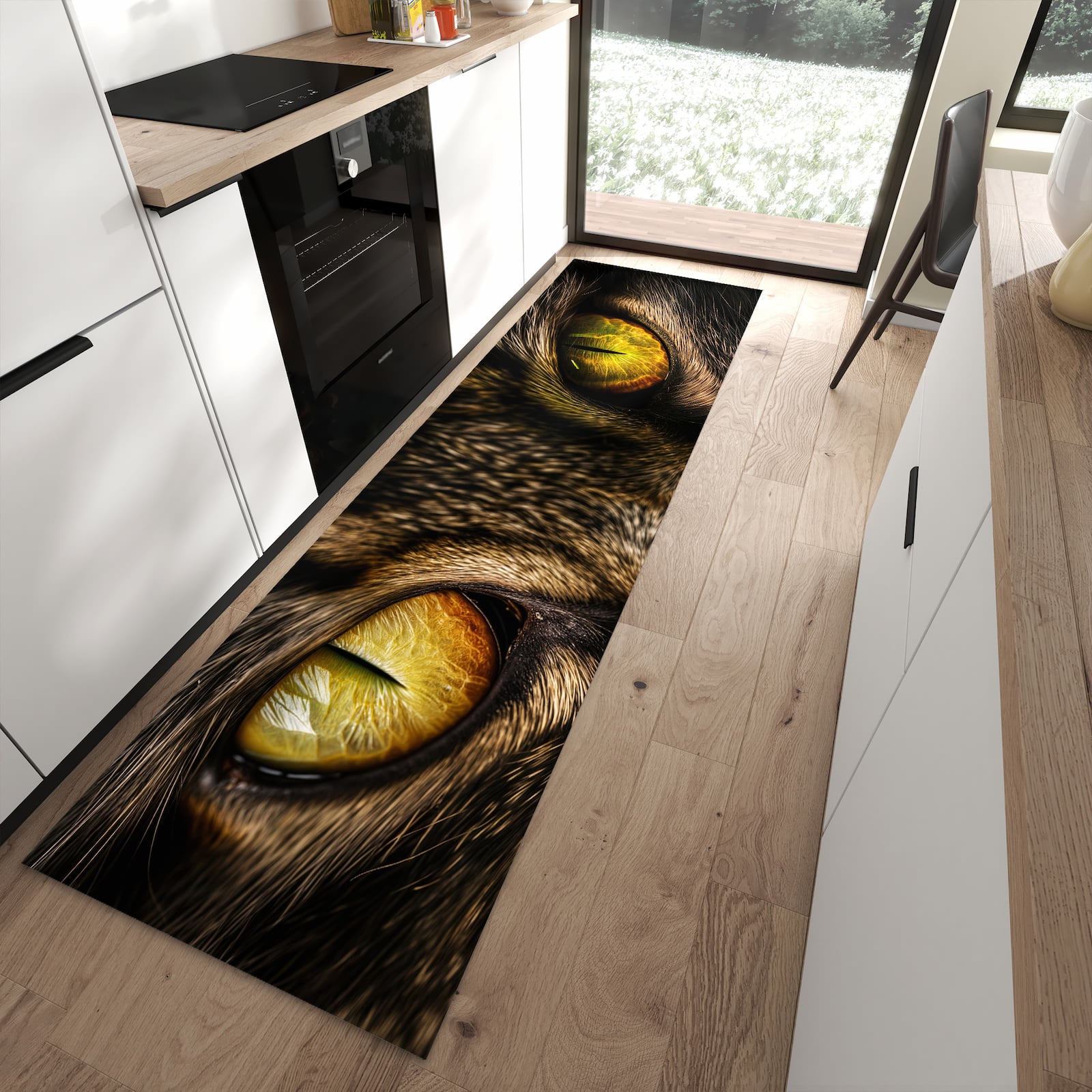 Waschbarer Küchenläufer mit Motiv Katzenaugencloseup für Ordnung in moderner Küche