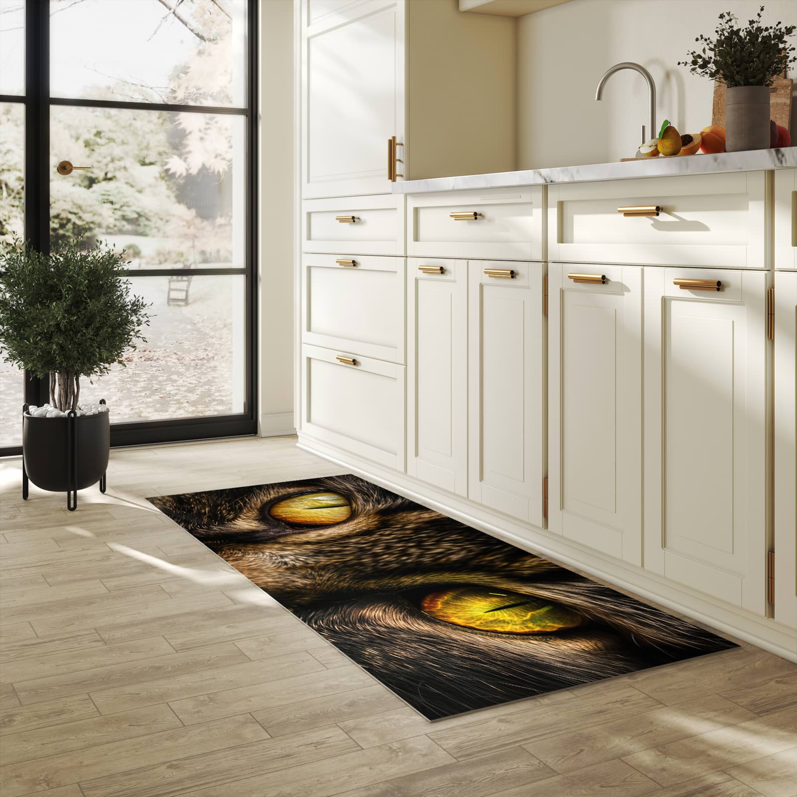 Abriebfester Küchenläufer mit Motiv Katzenaugencloseup in heller Küche