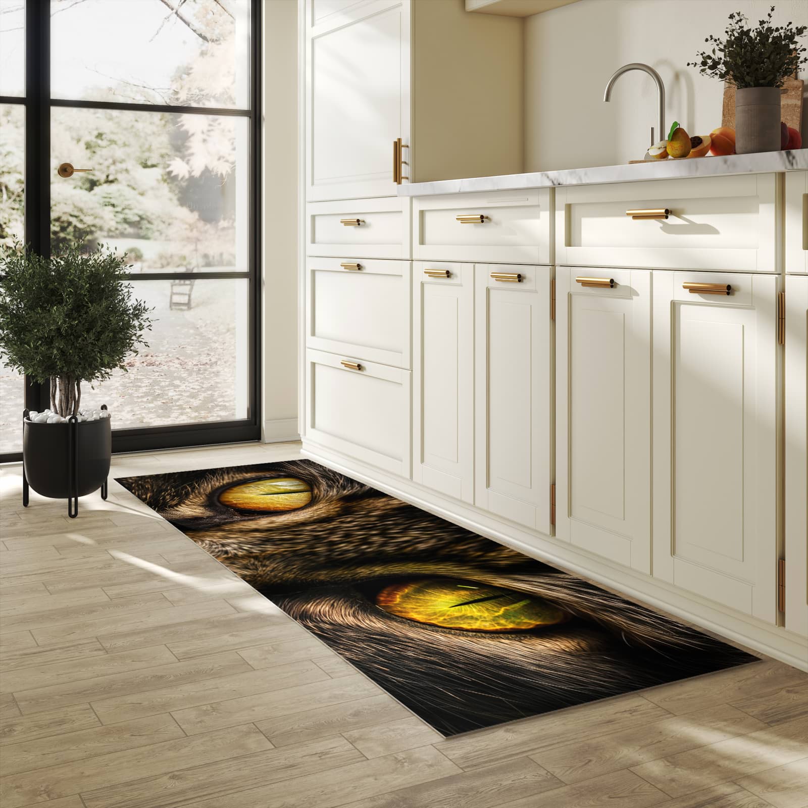 UV-beständiger Teppichläufer mit Motiv Katzenaugencloseup in heller Küche