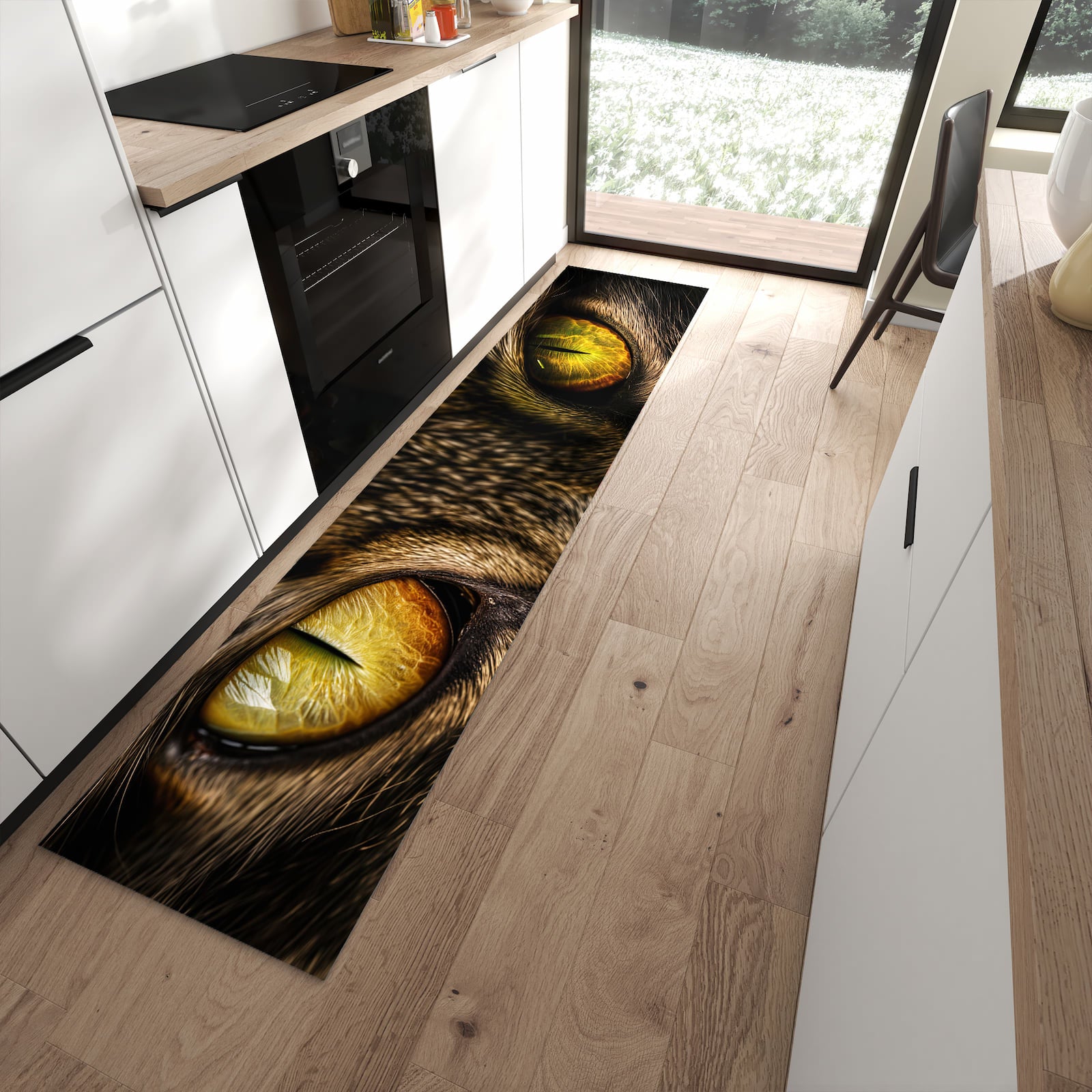 Waschbarer Küchenteppich mit Motiv Katzenaugencloseup in moderner Küche