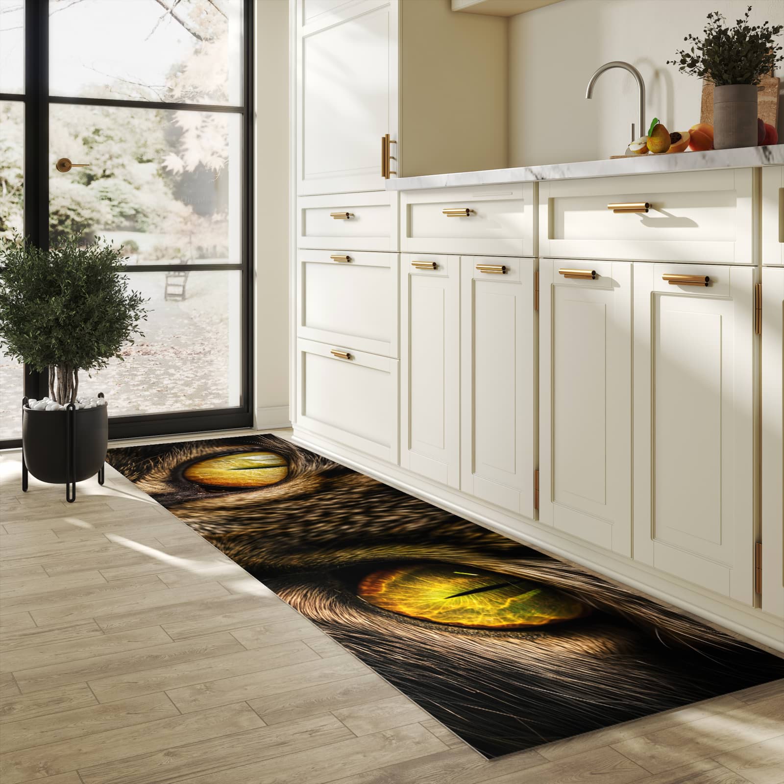 Wasserabweisender Küchenläufer mit Motiv Katzenaugencloseup in heller Küche