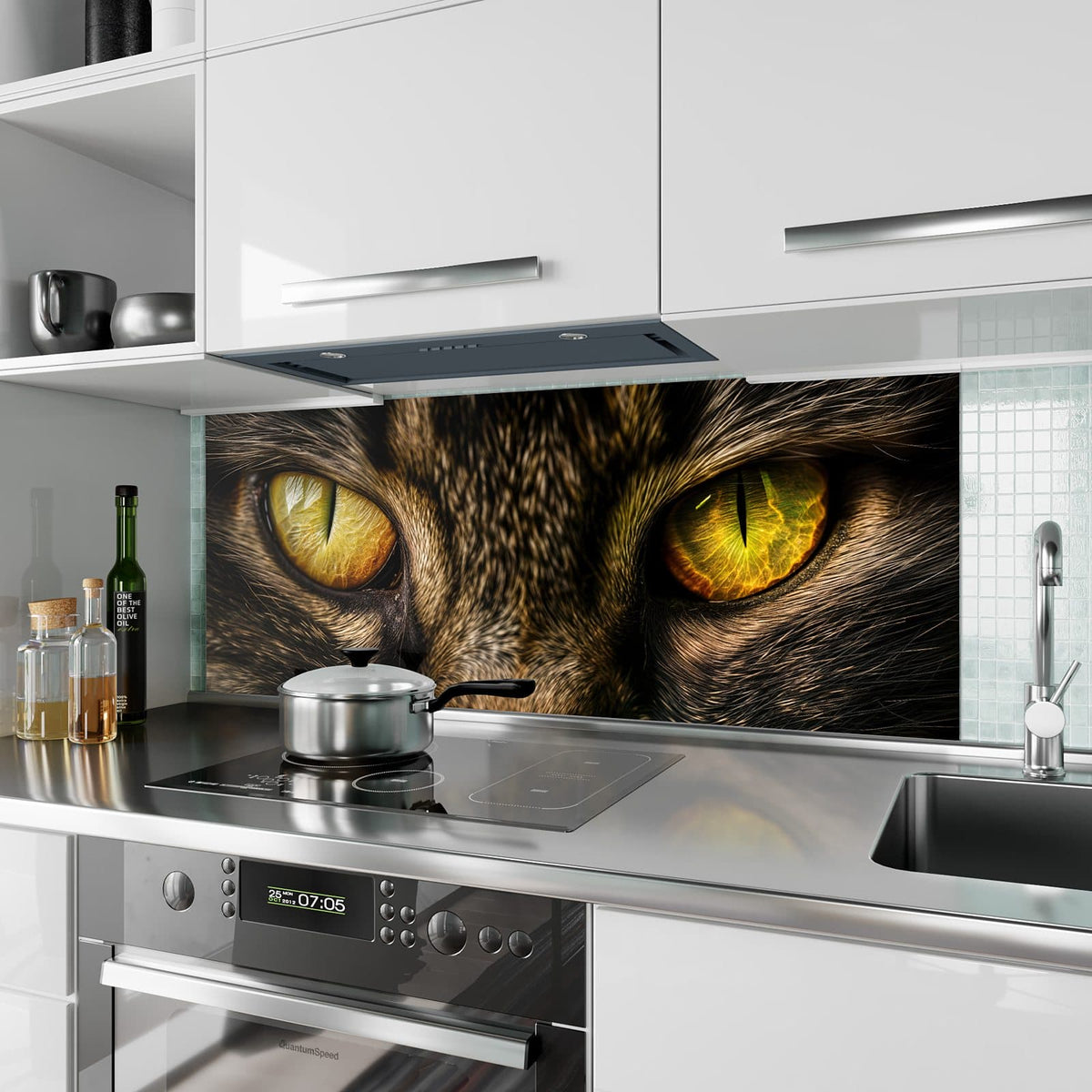 Küchenrückwand aus Glas Gelbgrünes Katzenauge im Hochformat als Spritzschutz hinter dem Kochfeld, über dem Fliesenspiegel montiert