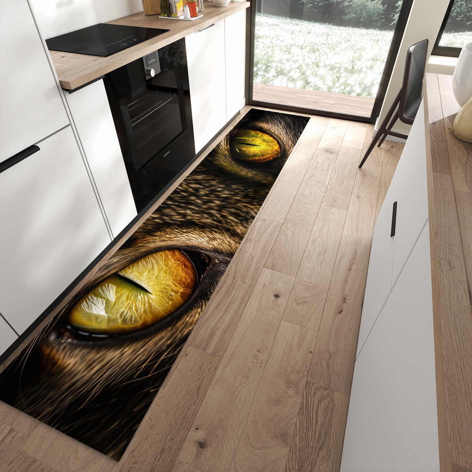 Langlebiger Küchenläufer mit Motiv Katzenaugencloseup in moderner Küche