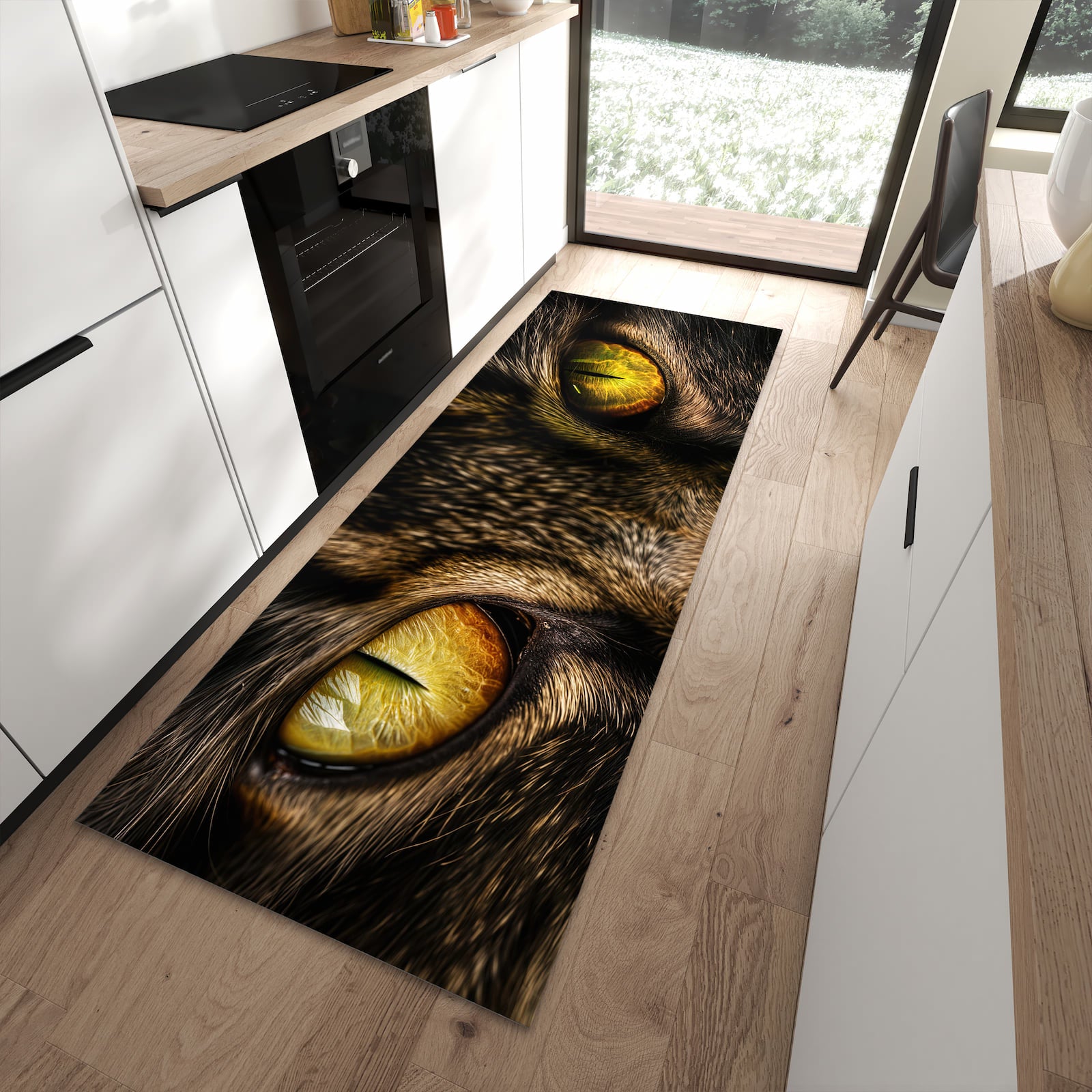 Formstabiler Läufer mit Motiv Katzenaugencloseup in moderner Küche für rutschfesten Stand