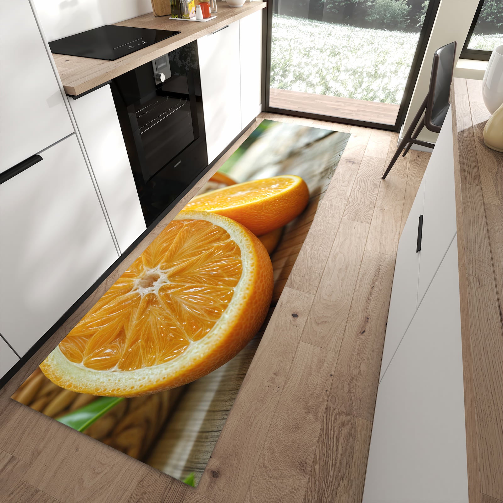 Komfortabler Küchenteppich mit Motiv Frische Orangen in moderner Küche
