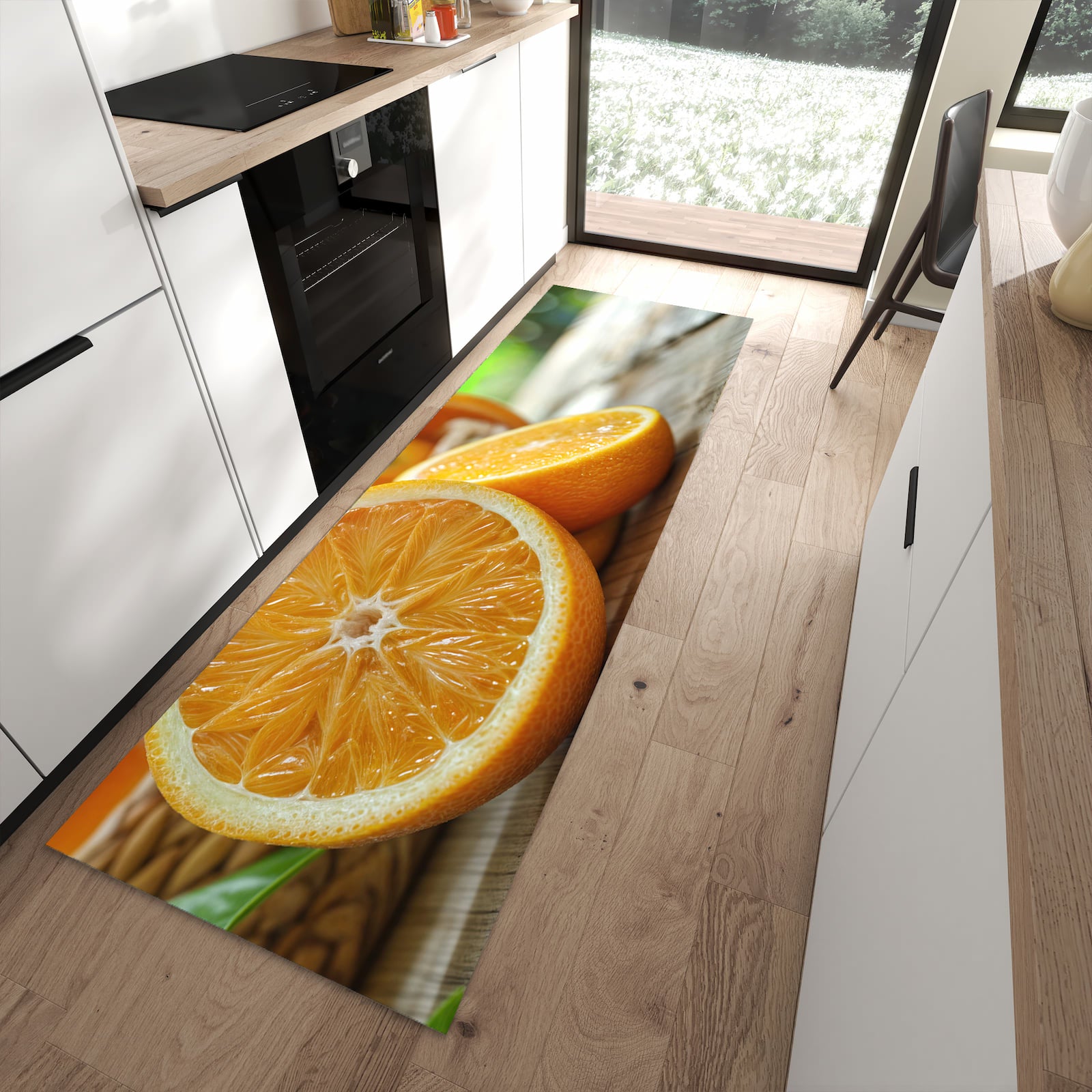 Pflegeleichter Teppich für Küche mit Motiv Frische Orangen in moderner Küche
