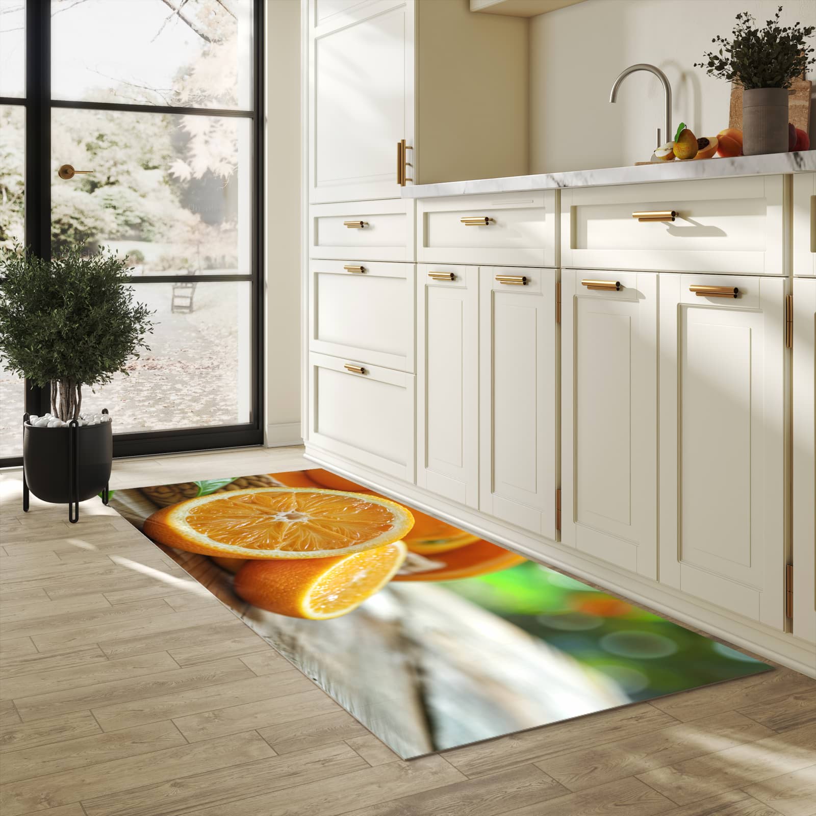 Schmutzabweisender Küchenläufer mit Motiv Frische Orangen in heller Küche