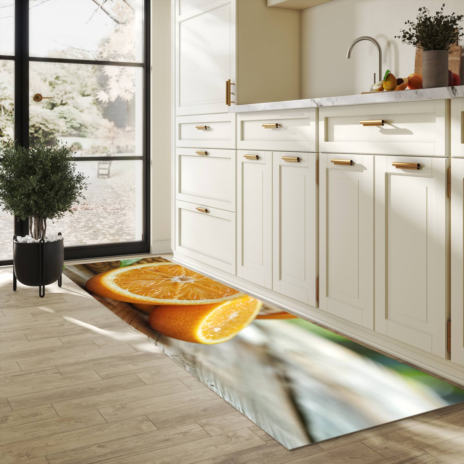 Wasserabweisender rutschfester Küchenläufer mit Motiv Frische Orangen in heller Küche