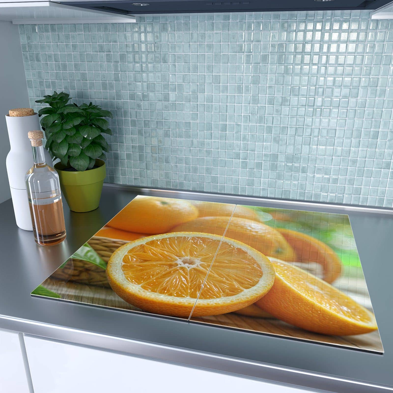2-teilige Herdabdeckplatten aus Glas mit Frische Orangen-Motiv auf dem Ceranfeld