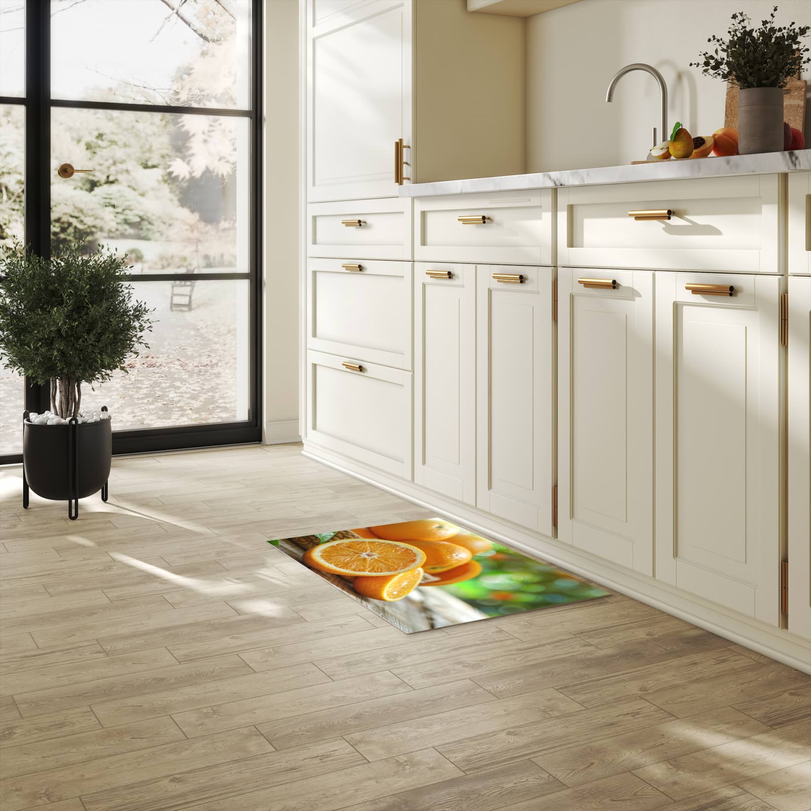 Geräuschdämpfender Küchenläufer mit Motiv Frische Orangen in heller Küche