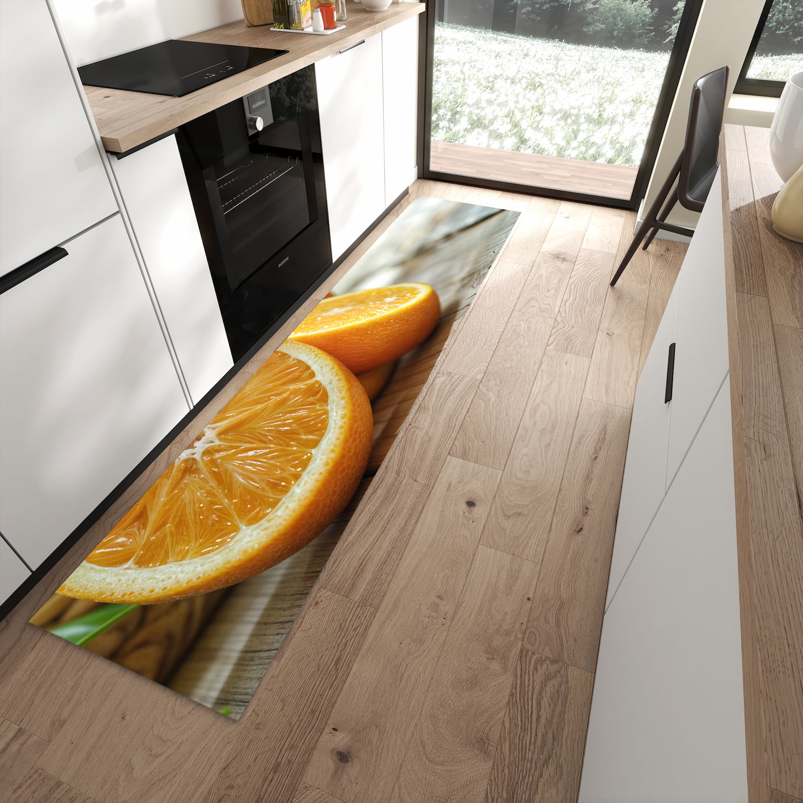 Schmutzabweisender Küchenläufer mit Motiv Frische Orangen in moderner Küche