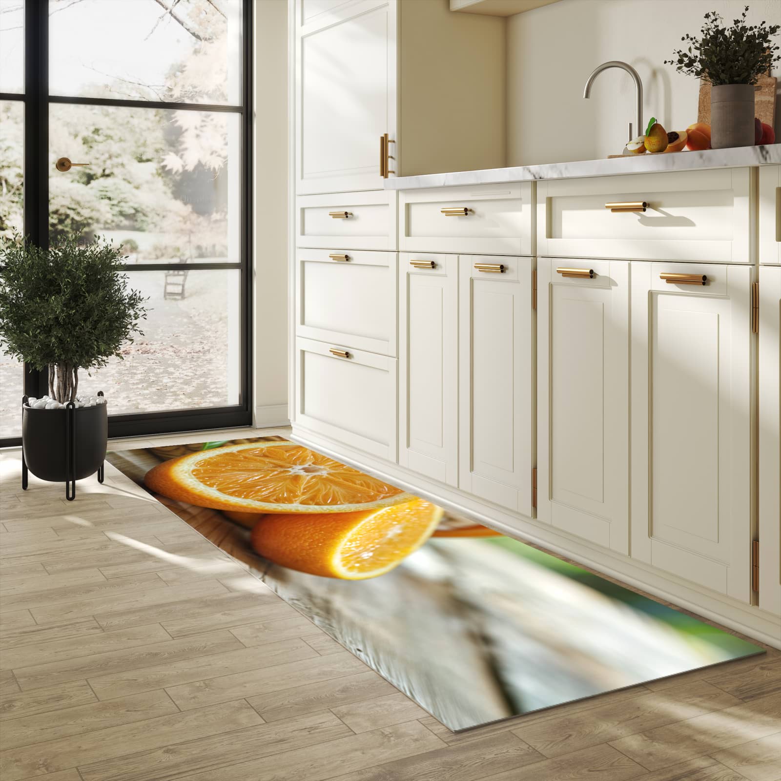 Rutschfester Küchenläufer mit Motiv Frische Orangen für Trittkomfort in heller Küche