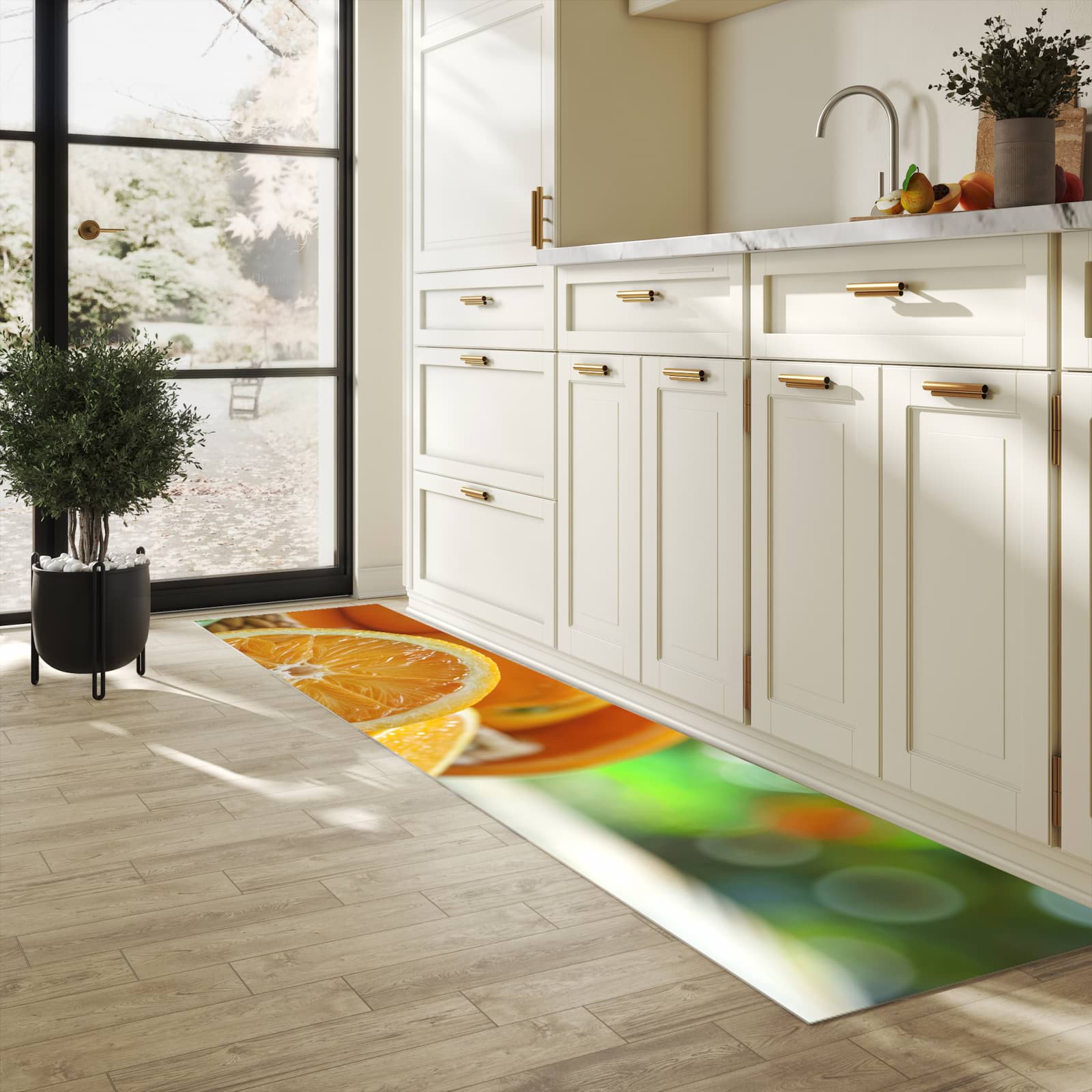 Zeitsparender waschbarer Küchenteppich mit Motiv Frische Orangen in heller Küche