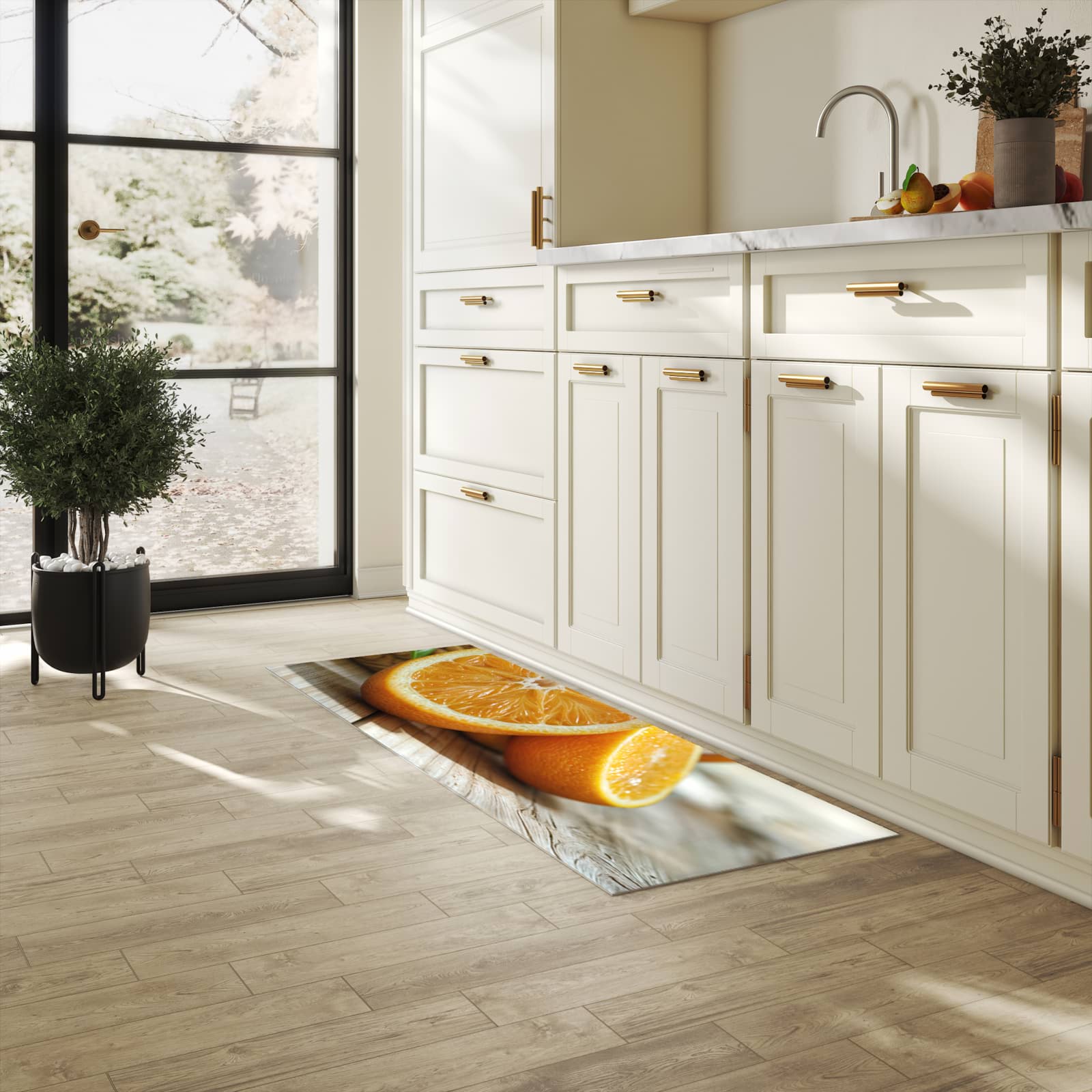 Farbbeständiger waschbarer Küchenteppich mit Motiv Frische Orangen in heller Küche