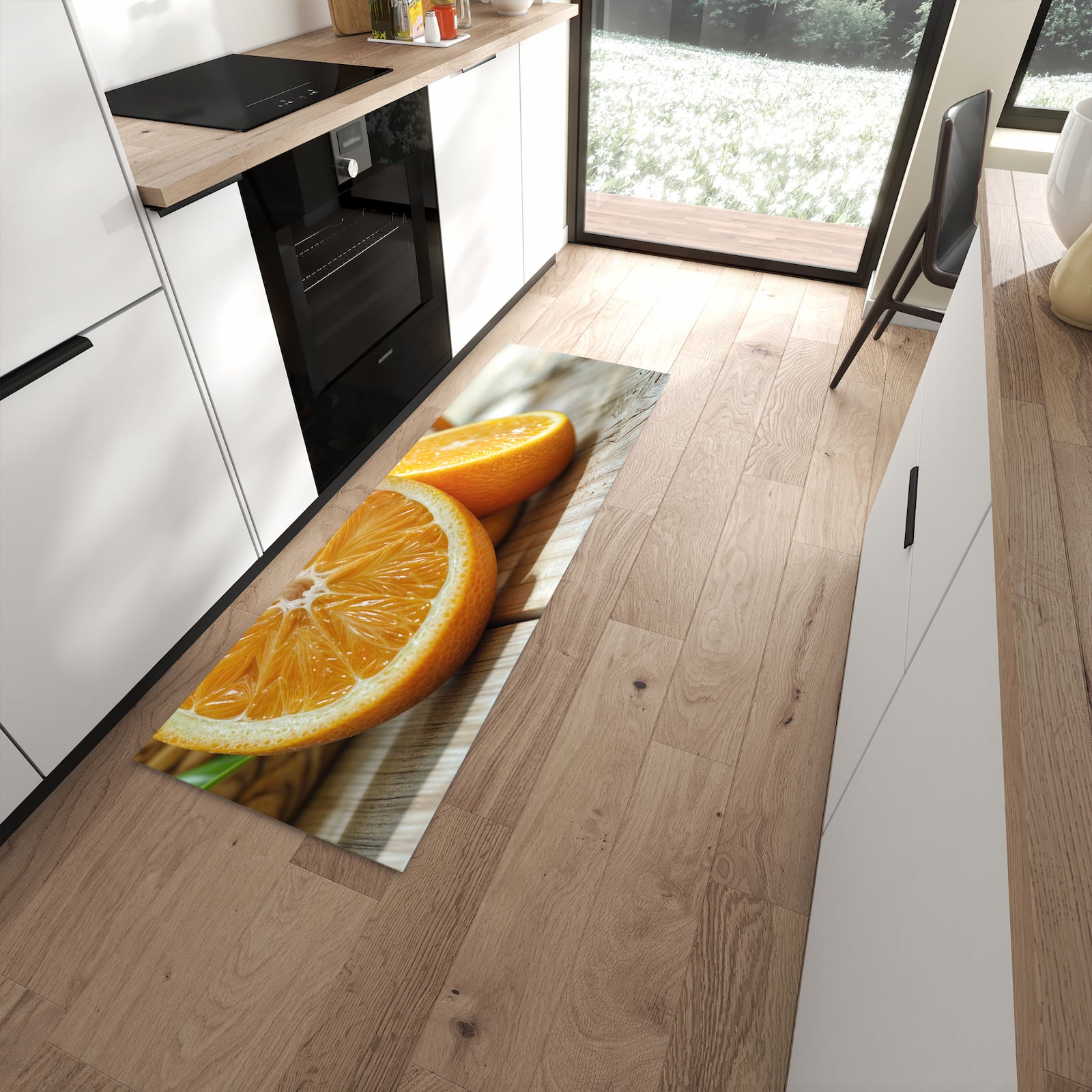 Wasserabweisender Küchenläufer mit Motiv Frische Orangen in moderner Küche