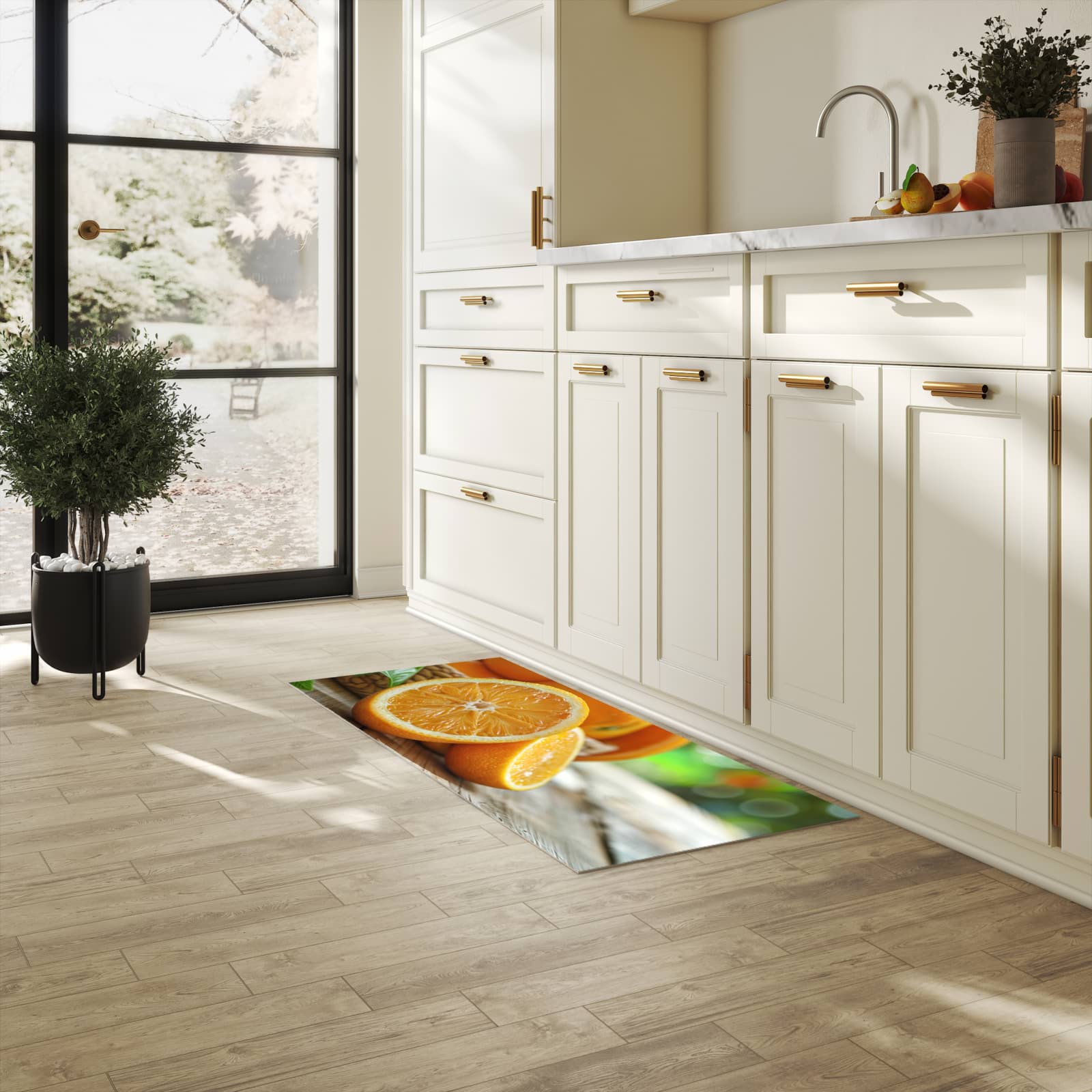 Bodenschonender waschbarer Küchenteppich mit Motiv Frische Orangen in heller Küche