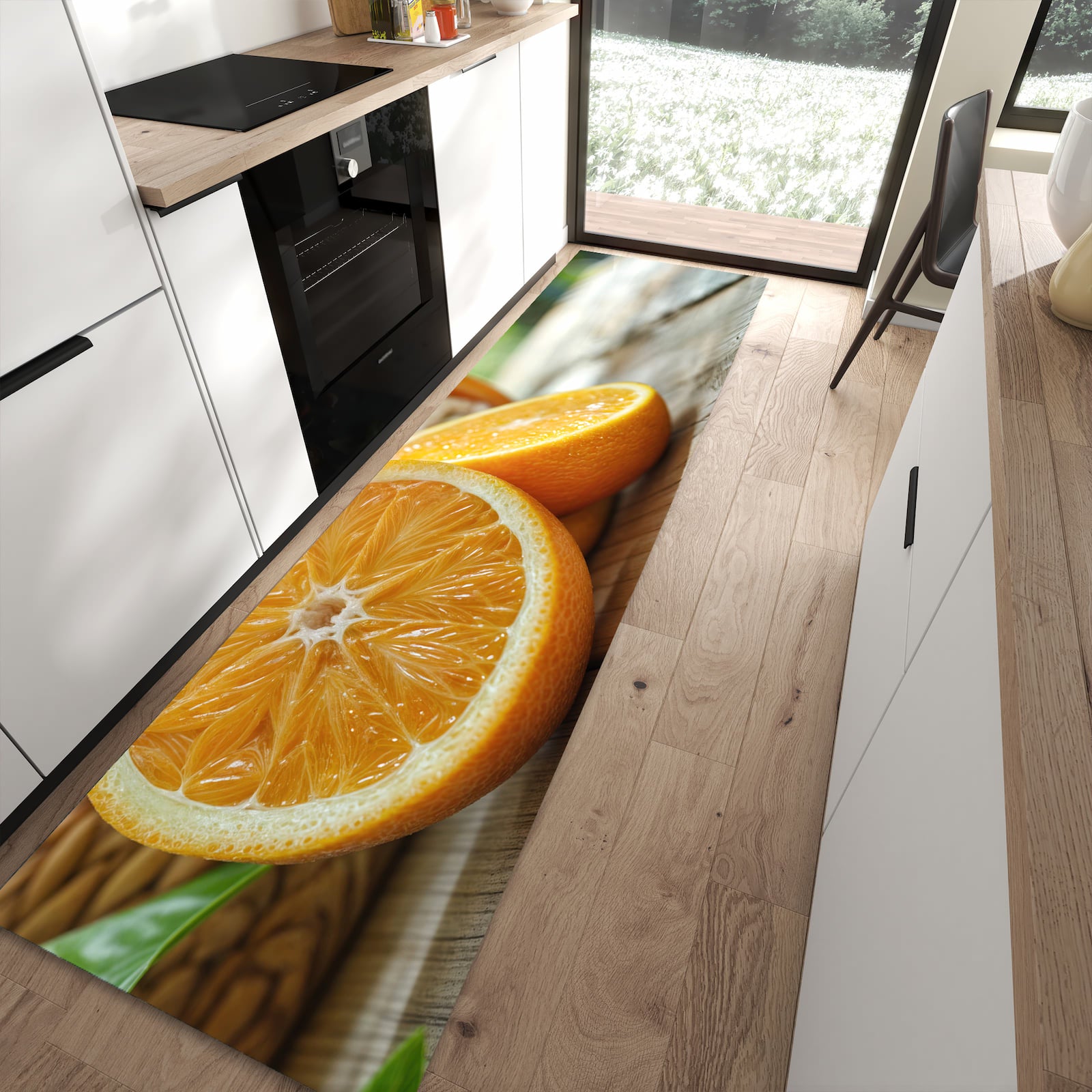 Rutschfester Küchenteppich mit Motiv Frische Orangen in moderner Küche