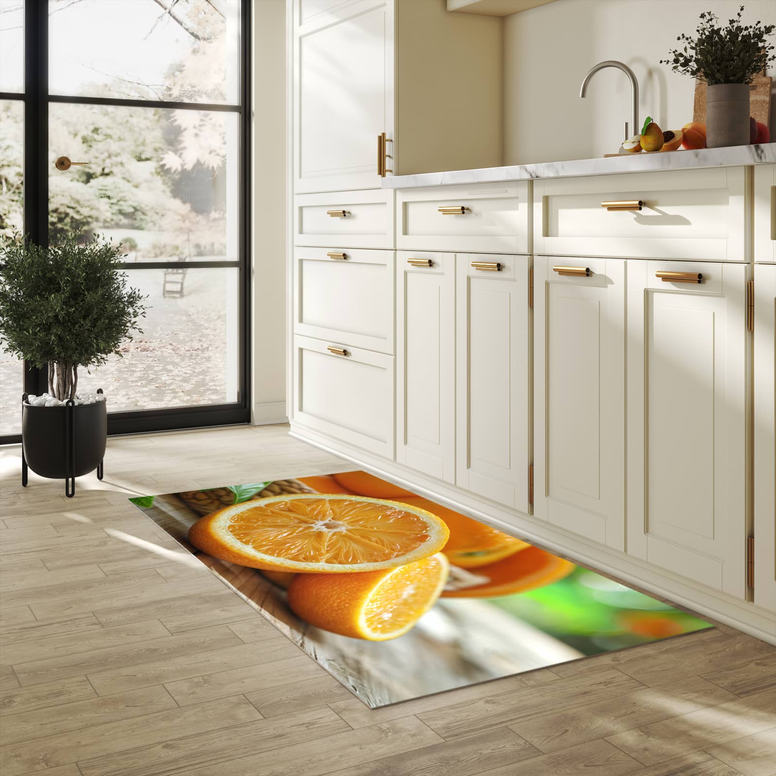 Fleckenresistenter rutschfester Küchenläufer mit Motiv Frische Orangen in heller Küche
